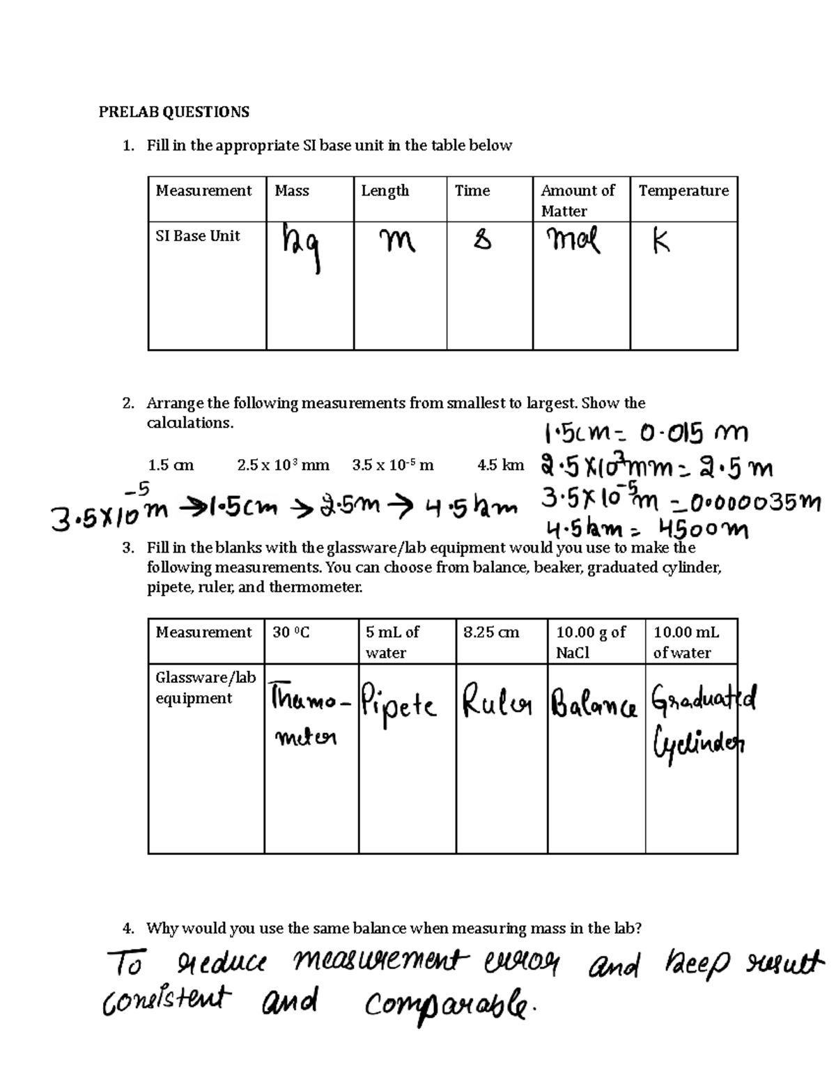 Pre-Lab Questions for Measurement and SI Units - Studocu