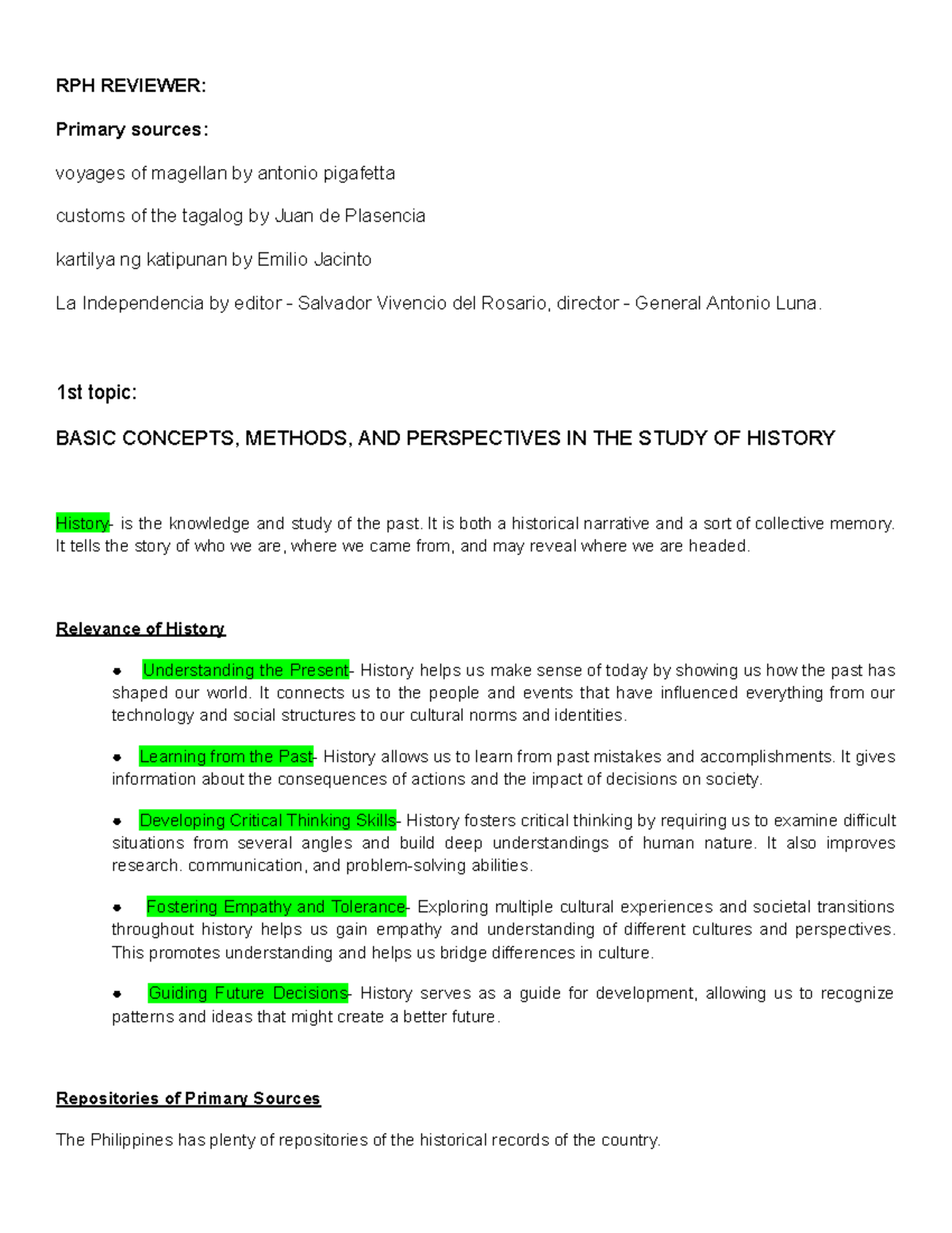 RPH-Reviewer: Key Historical Concepts and Primary Sources in Philippine ...