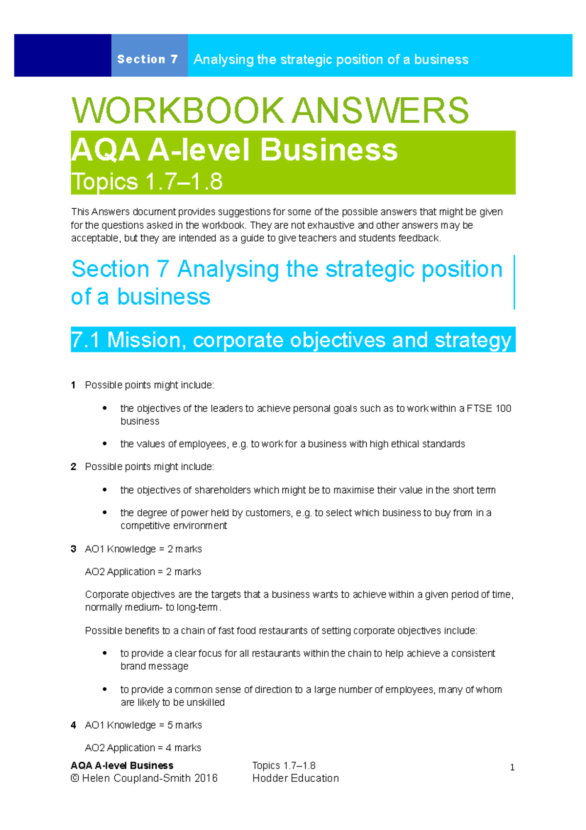 AQA A-level Business Workbook Answers for Topics 1.7–1.8 Analysis - Studocu