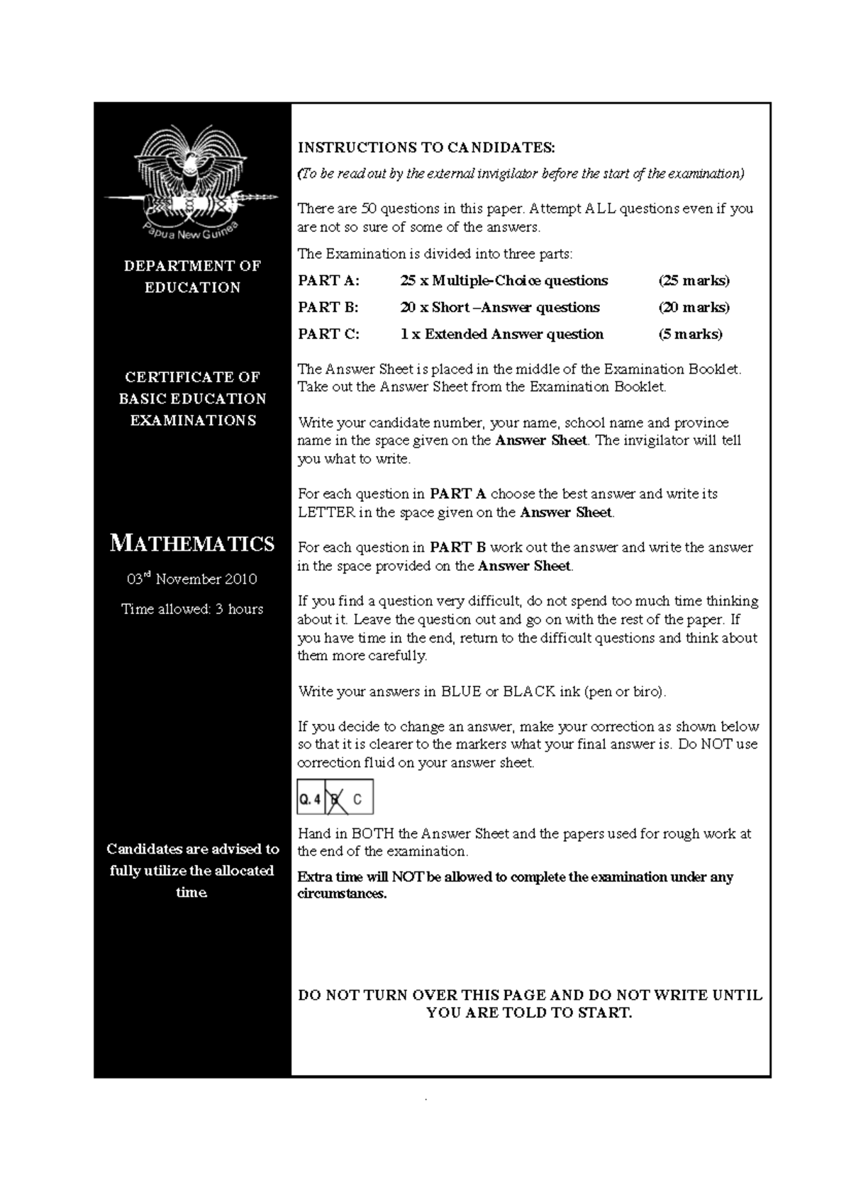 COBE MATHS 2010 Grade 8 Examination Instructions and Questions - Studocu