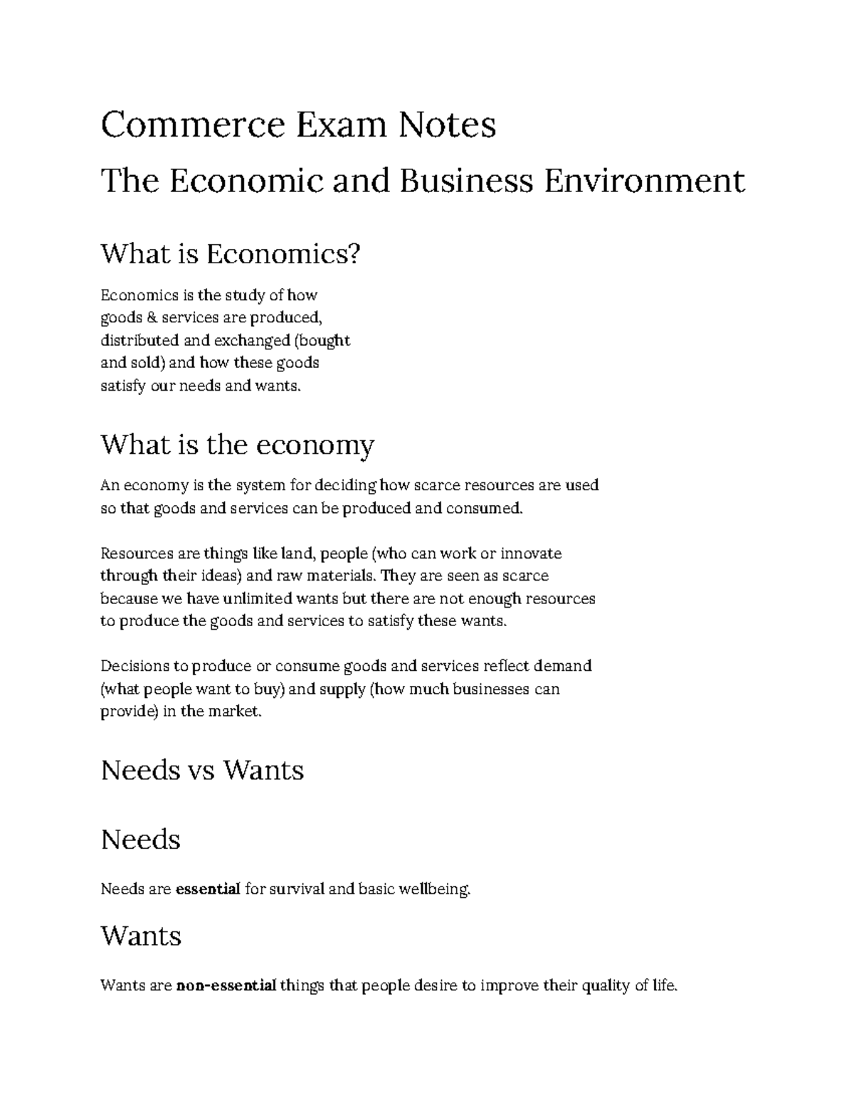 Commerce Exam Notes: The Economic and Business Environment - Studocu