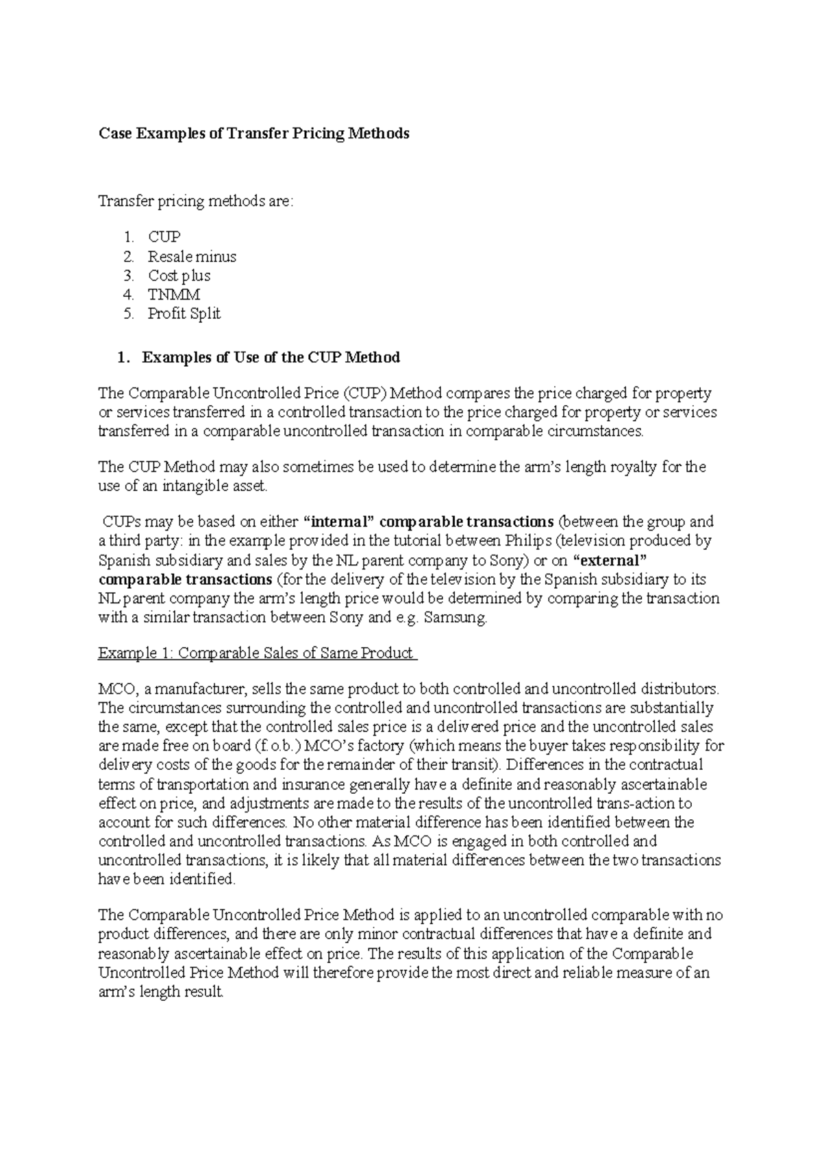 Transfer Pricing Methods: Case Studies and Examples for Analysis ...