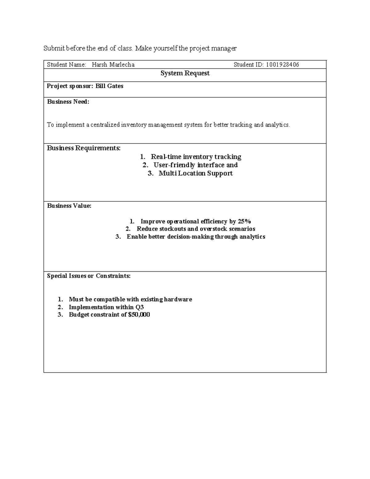 1System Request - n/a - Submit before the end of class. Make yourself ...