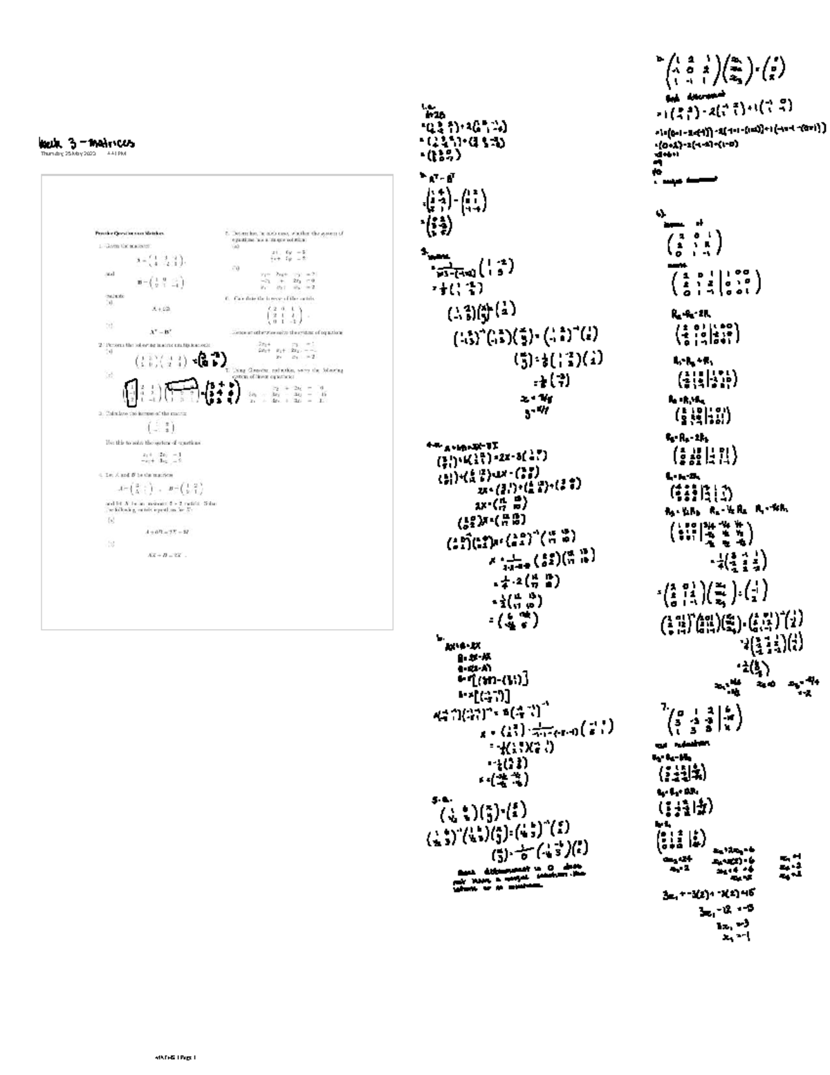 Maths 1- Matrices - find discriment 1. 3 May 2023 4:41 PM 70 unique ...