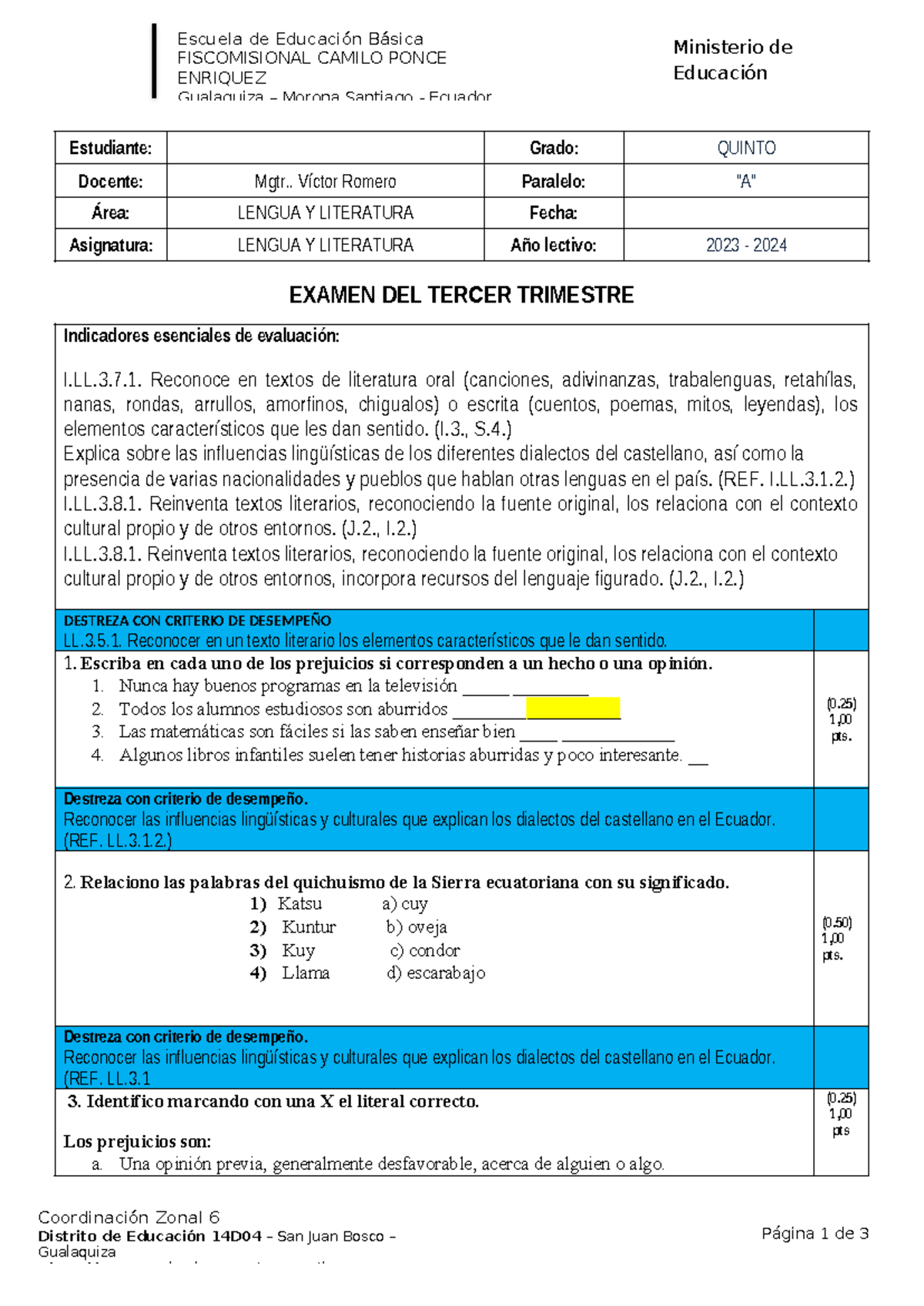 Examen de Lengua y Literatura - 3er Trimestre - 5TO Grado - Studocu