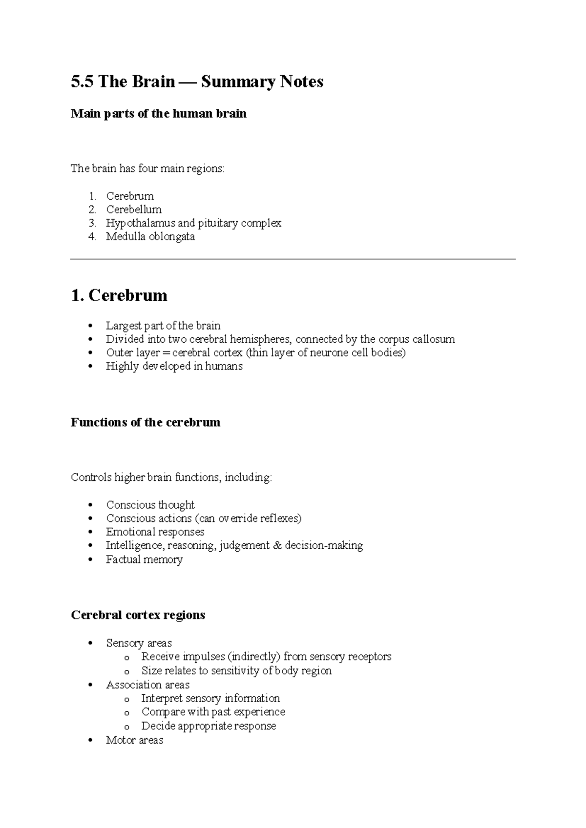 5.5 Human Brain Summary Notes: Key Regions and Functions - Studocu