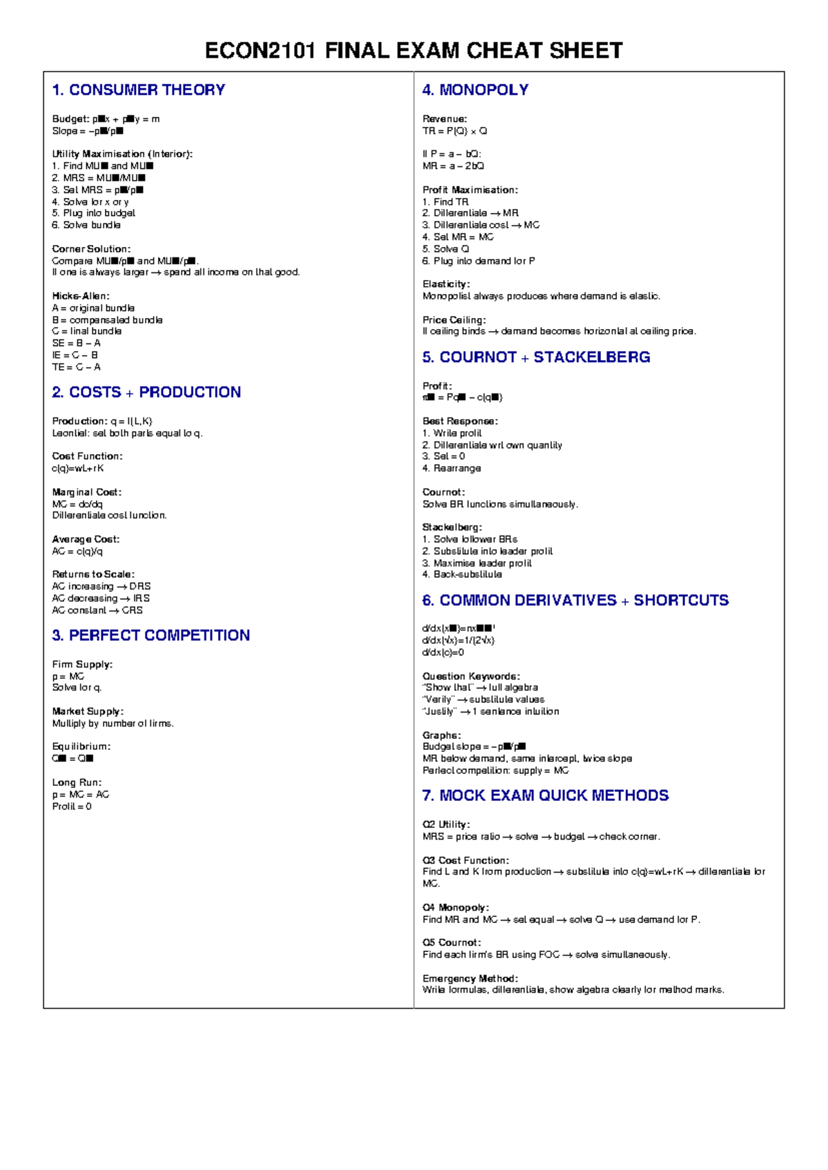 ECON2101 FINAL EXAM CHEAT SHEET: CONSUMER & MONOPOLY THEORY - Studocu