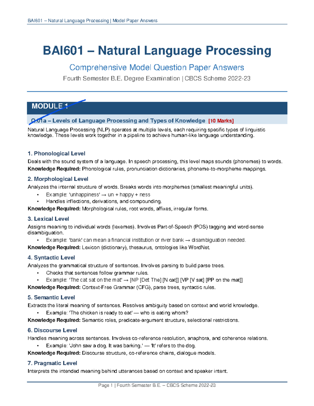 BAI601 Natural Language Processing Model Paper Comprehensive Answers ...