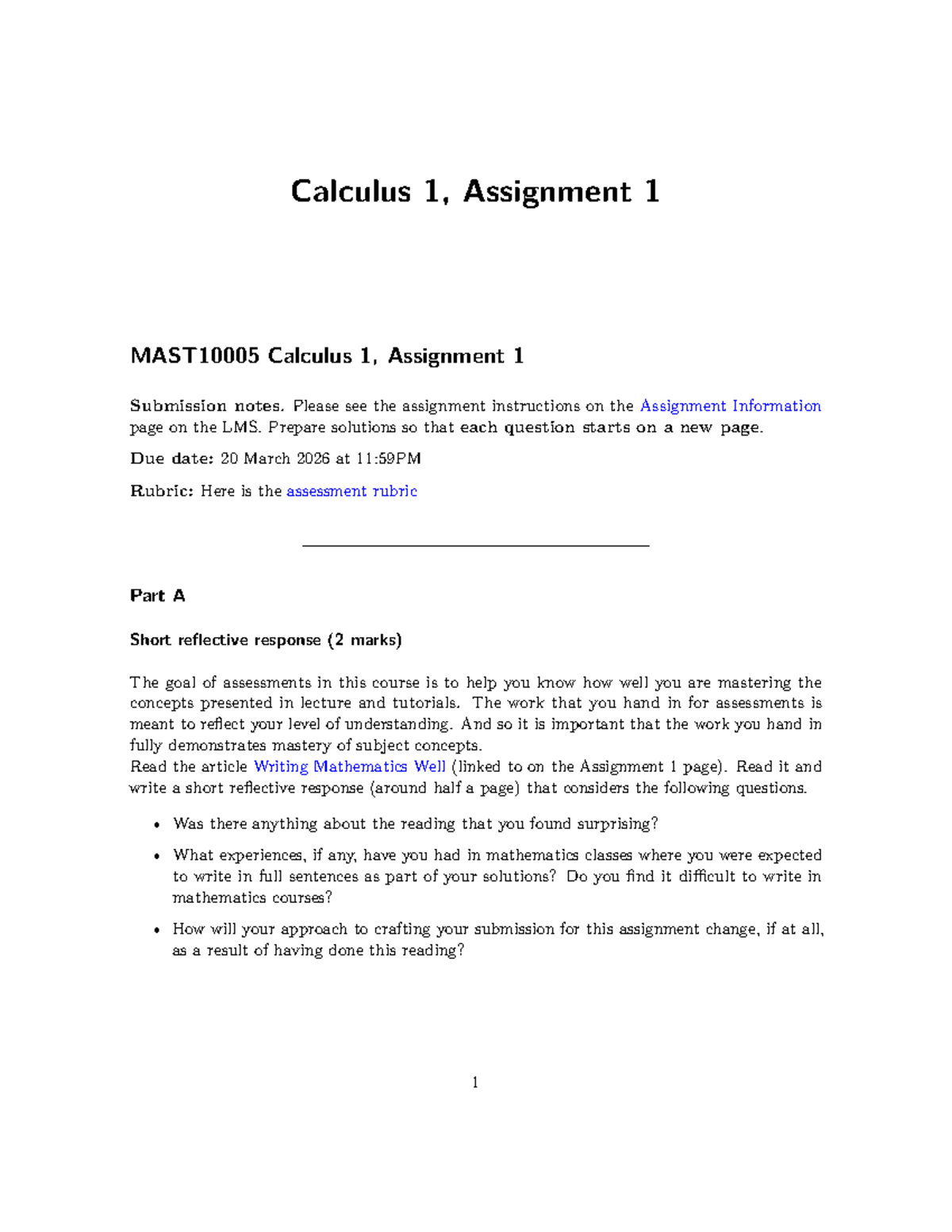 MAST10005 - Calculus 1 Assignment 1 Submission Guidelines - Studocu