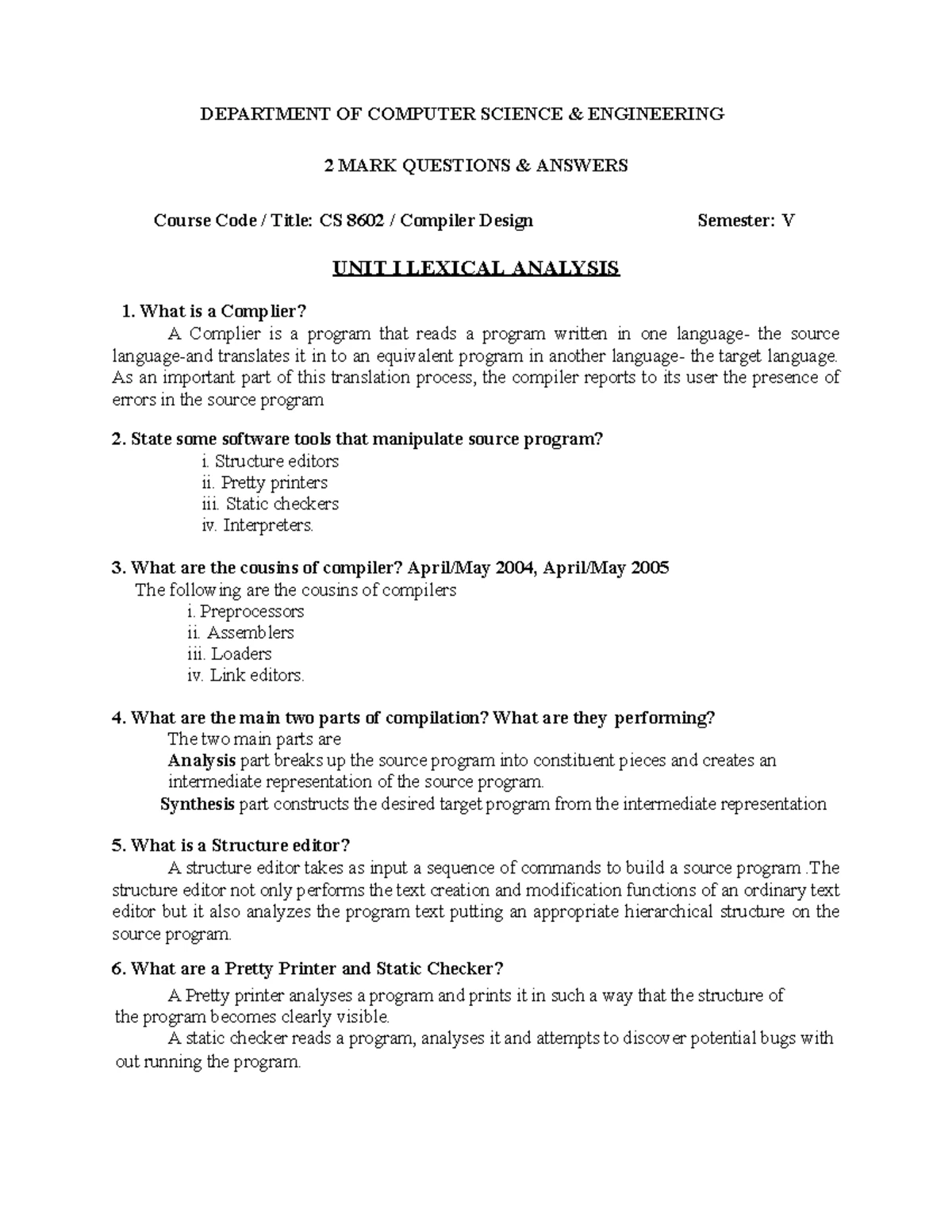 Operating Systems (OS) Two Mark Questions - Unit I & II - Studocu