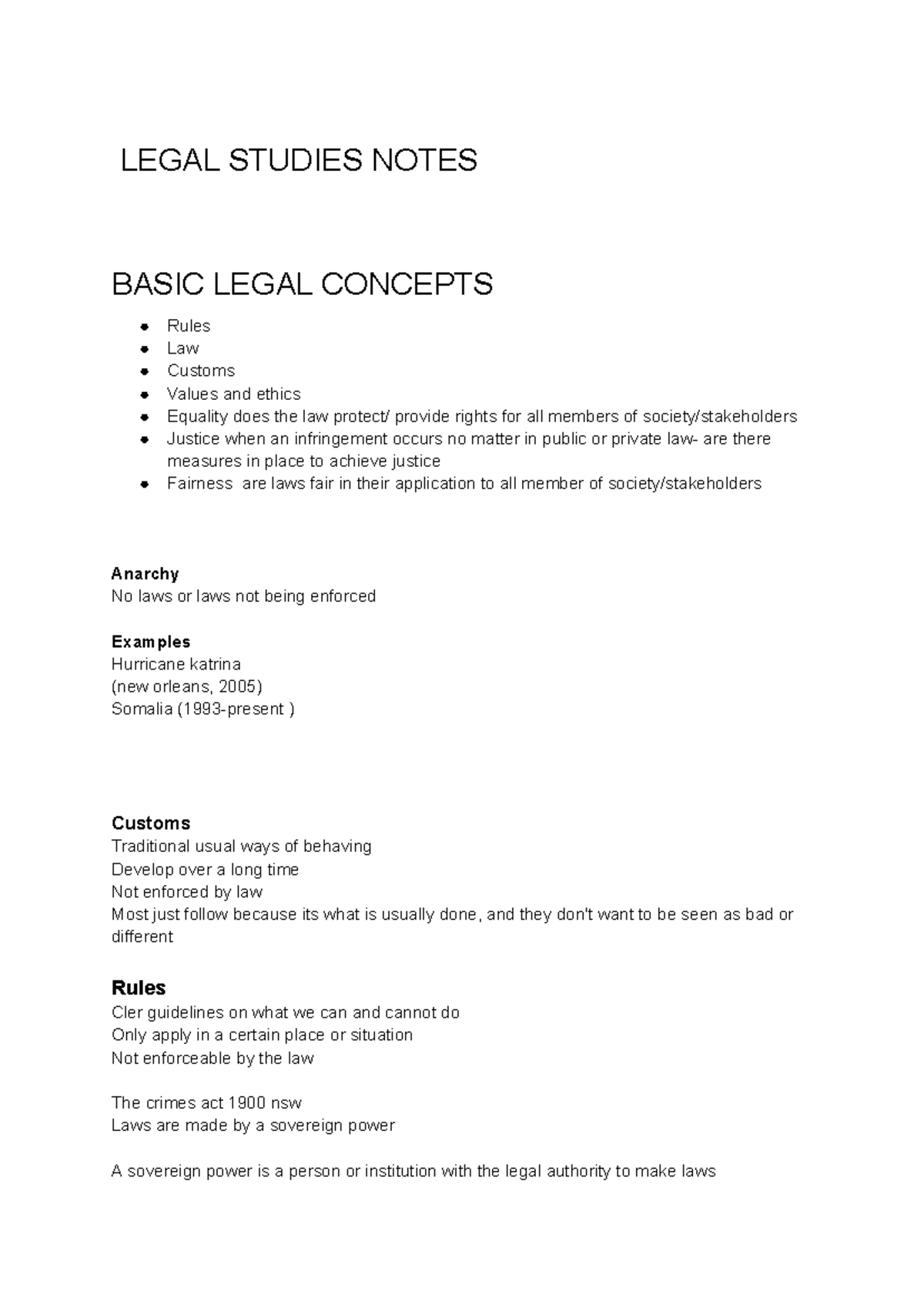 Legal Studies Notes - LEGAL STUDIES NOTES BASIC LEGAL CONCEPTS Rules ...