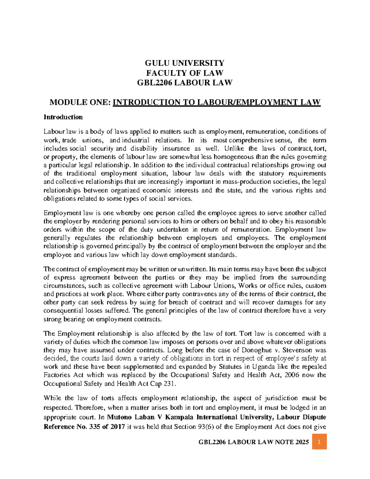 GBL2206 Final Exam Notes: Introduction to Labour Law Concepts - Studocu