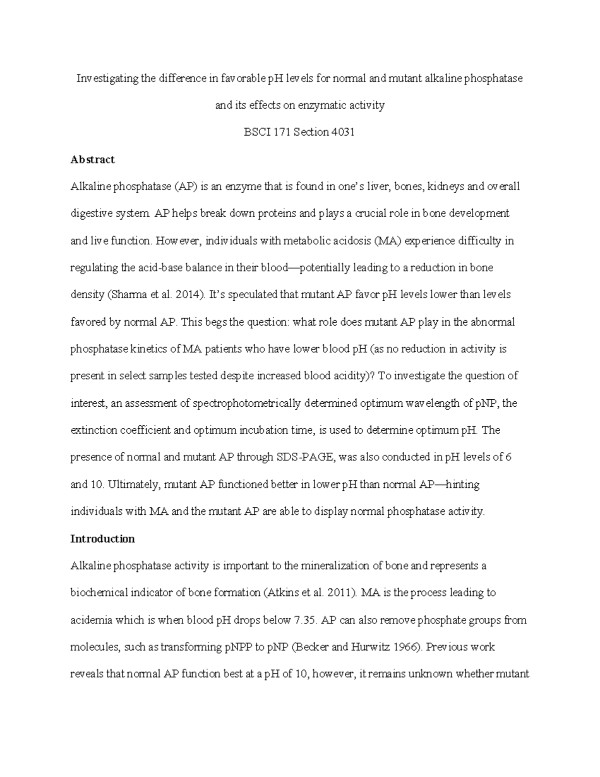 BSCI 171 Final Lab Report: pH Effects on Normal vs. Mutant