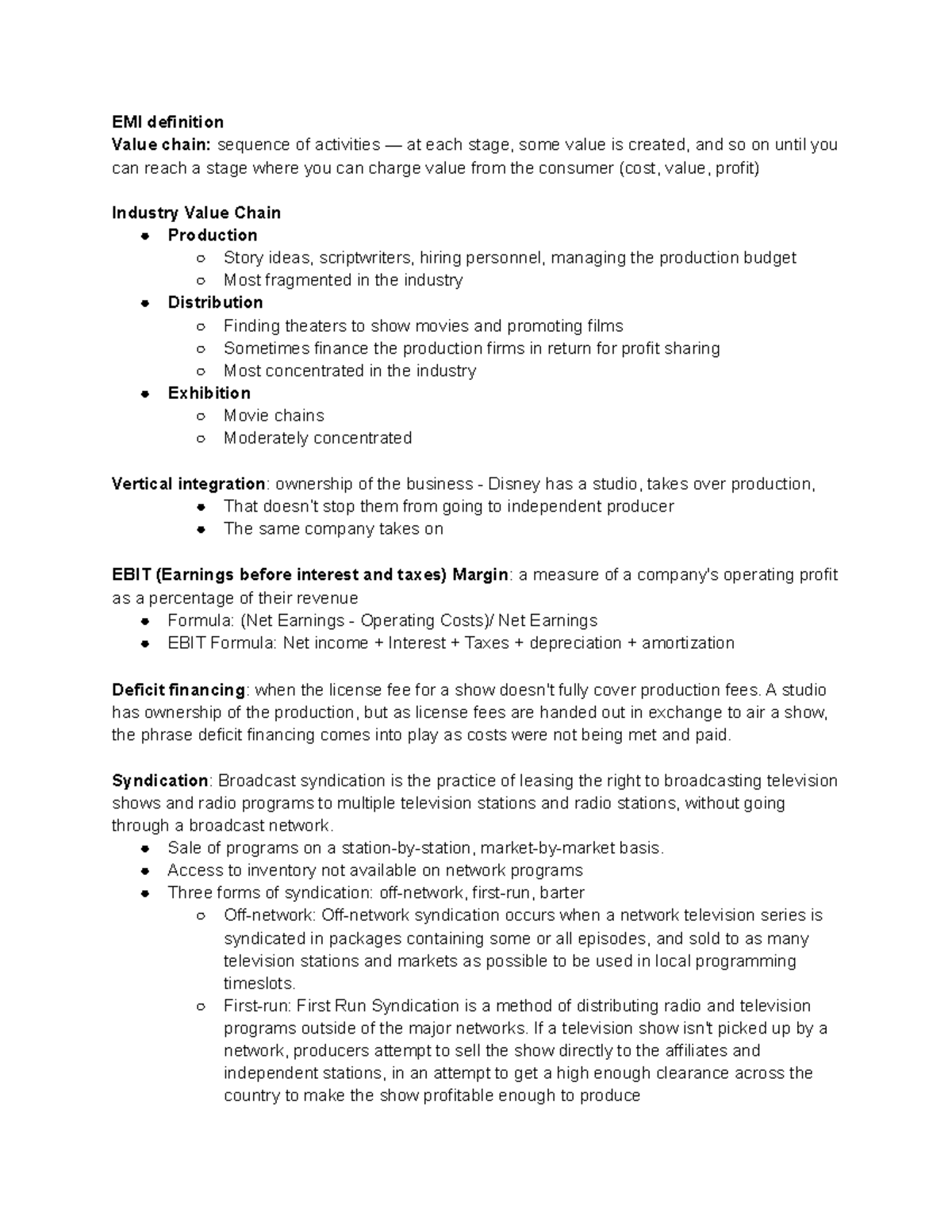 EMI Definition: Key Terms from Lecture Notes on Value Chain & Media ...