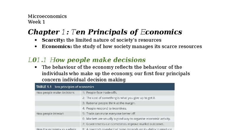 Microeconomics L01-L03: Week 1 Principles and Concepts Overview - Studocu