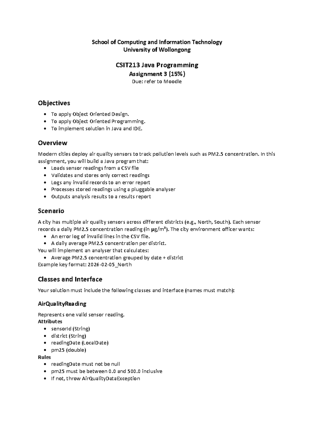 CSIT213 Java Programming Assignment 3: Air Quality Sensor Analysis ...
