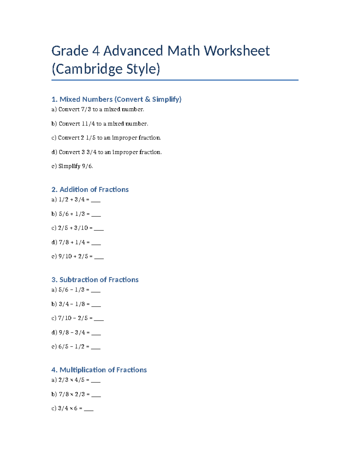 Grade 4 Advanced Math Worksheet: Mixed Numbers & Fractions - Studocu