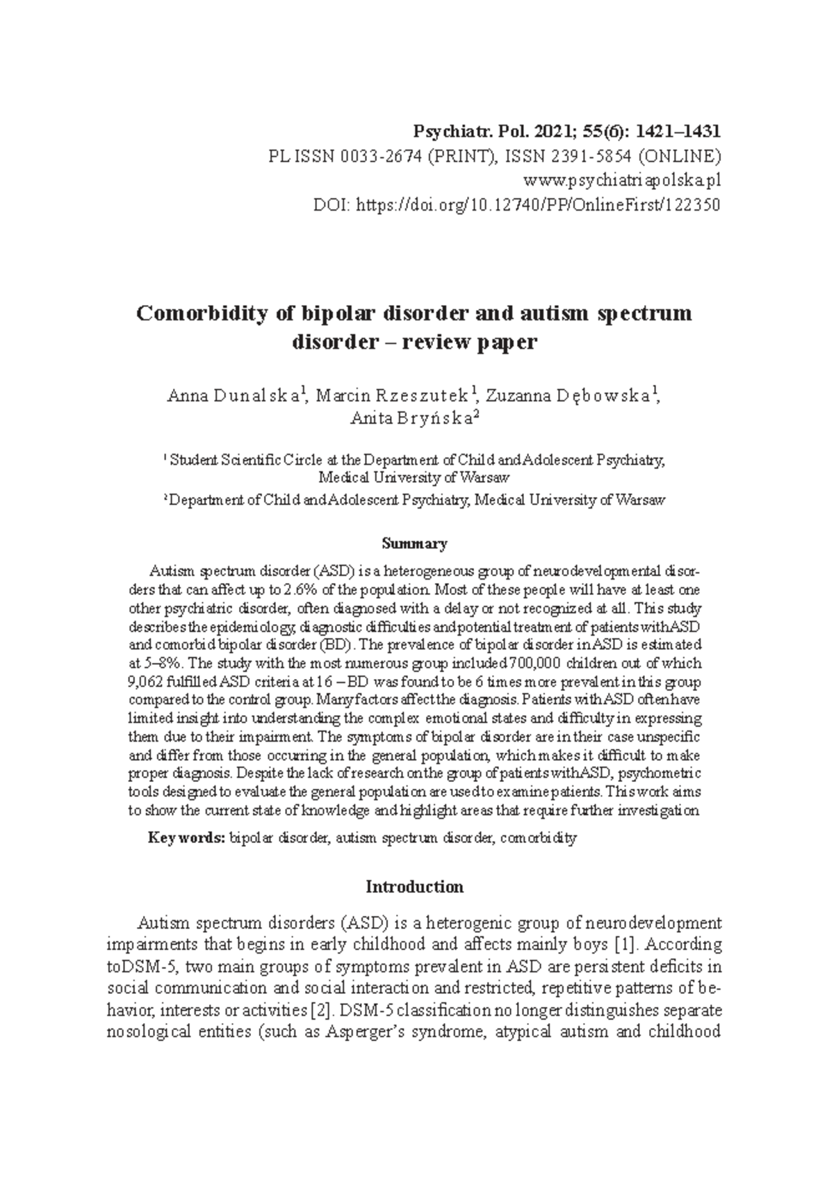Comorbidity of Bipolar Disorder and Autism Spectrum Disorder: A Review ...