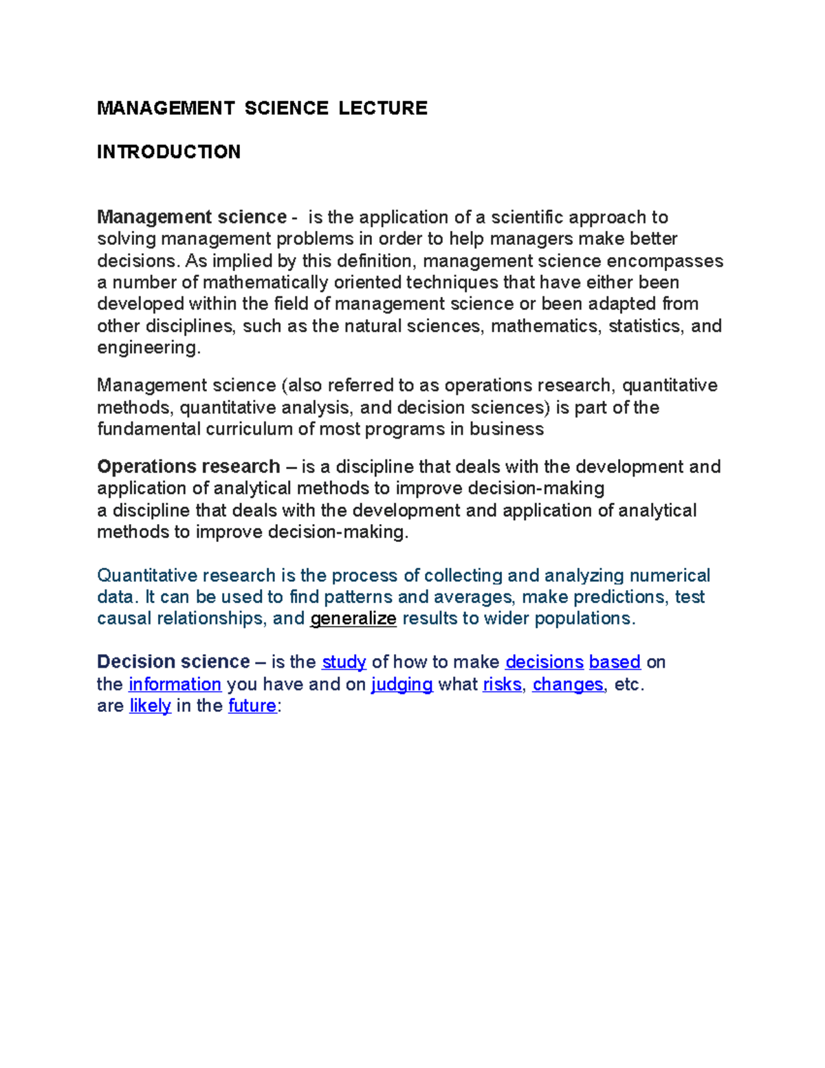 Management Science Lecture Notes - Key Concepts & Applications - Studocu