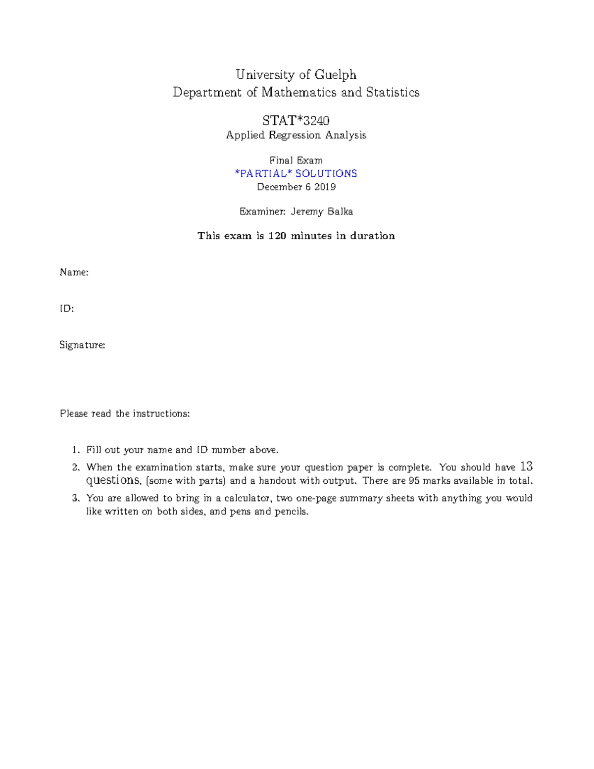 STAT F19 Final Exam Partial Solutions for Applied Regression Analysis ...