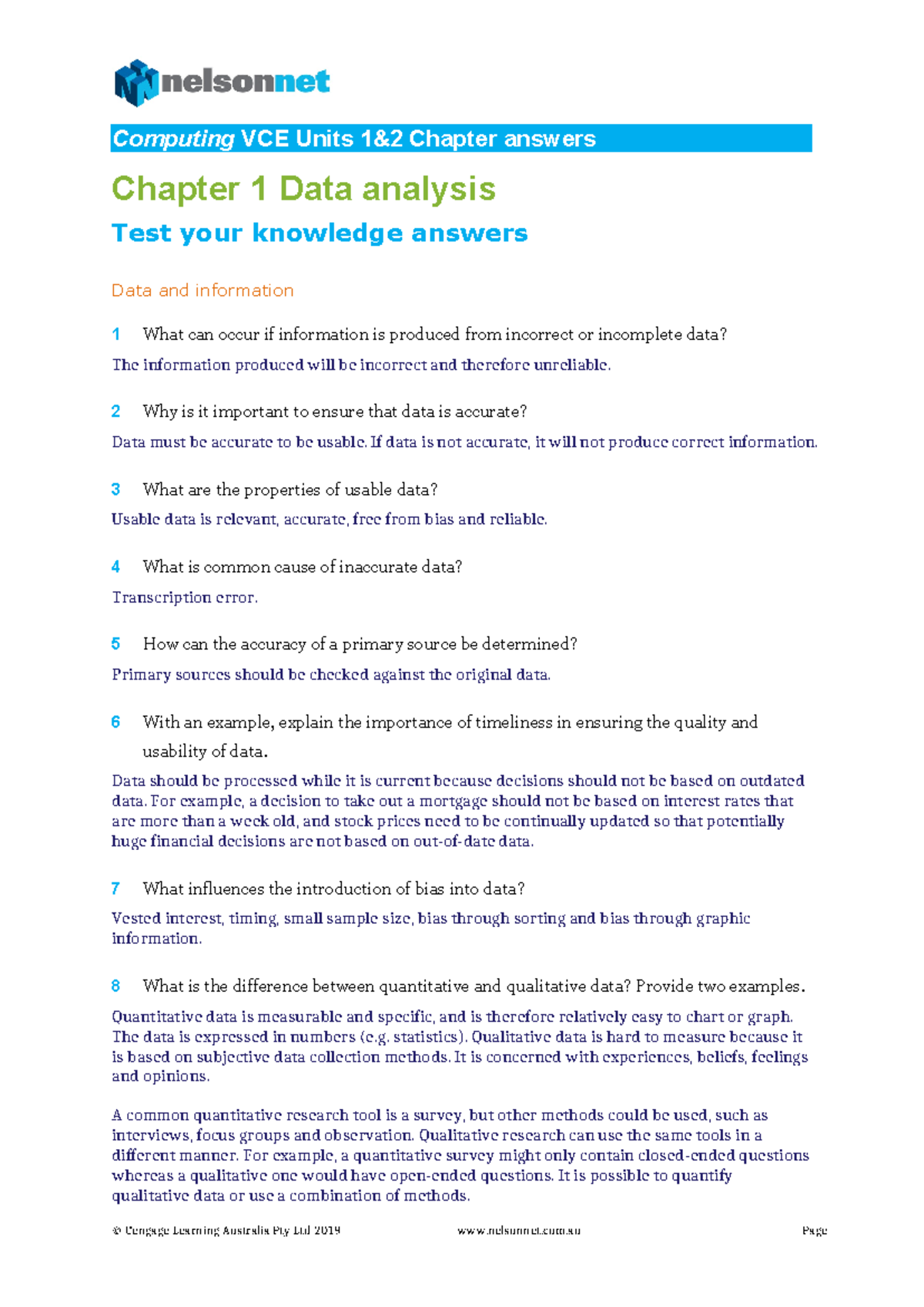 Ch 1 Data Analysis Answers for Computing VCE Units 1&2 - Studocu