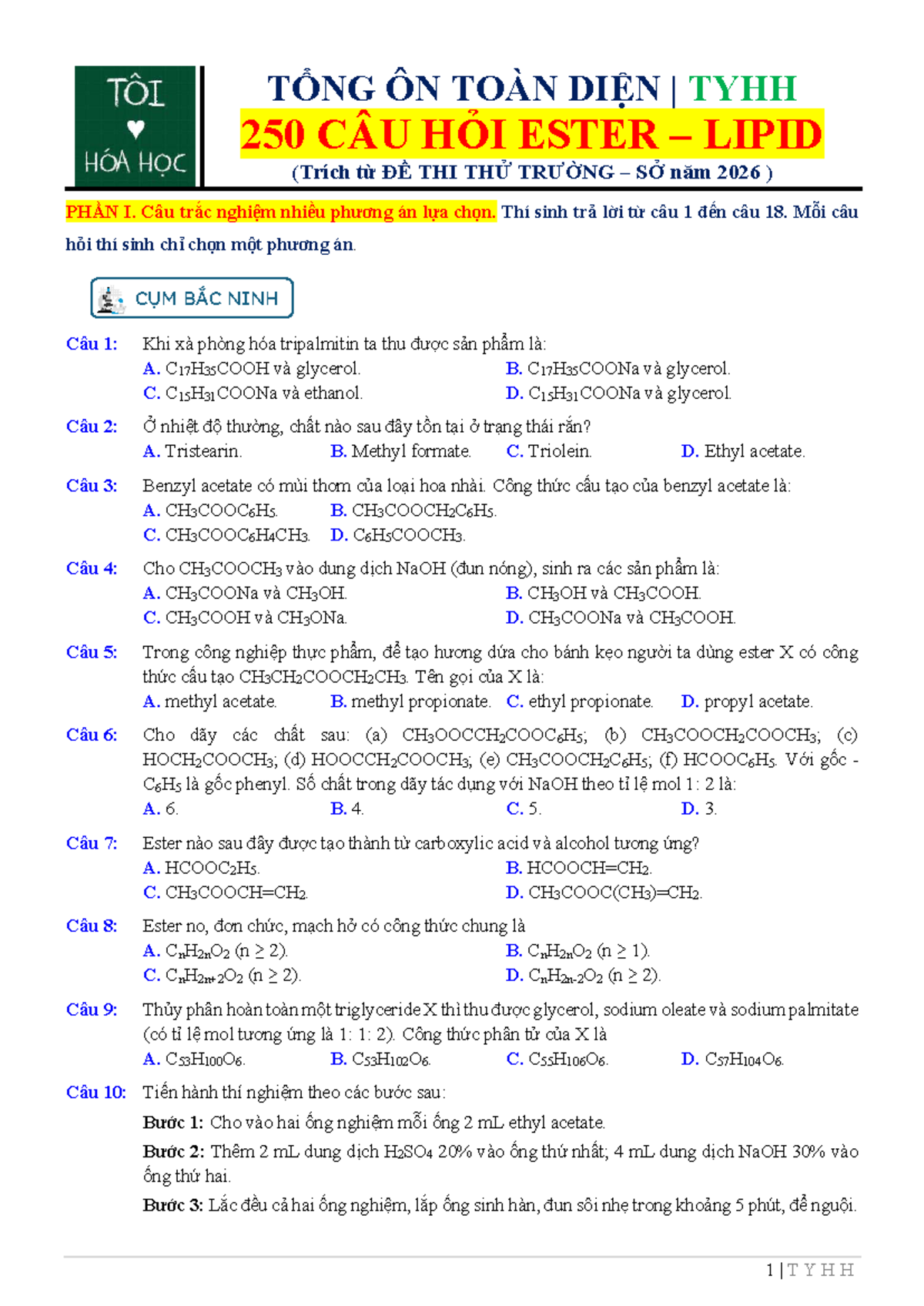 TỔNG ÔN 250 CÂU HỎI VỀ ESTER VÀ LIPID (ĐỀ THI THỬ 2026) - Document Preview