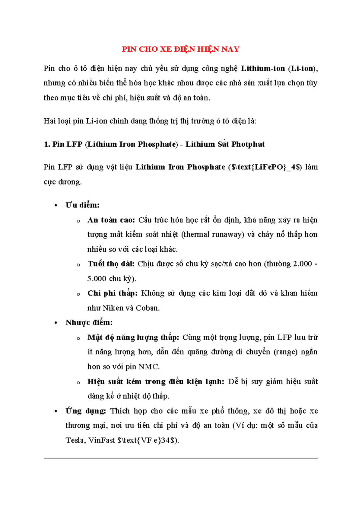 Tổng Quan Về Pin LFP & NMC Trong Ô Tô Điện (PIN 101) - Studocu