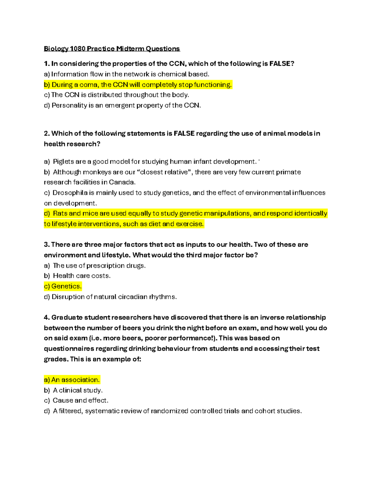 Biology 1080 Midterm Practice Questions and Answers - Studocu