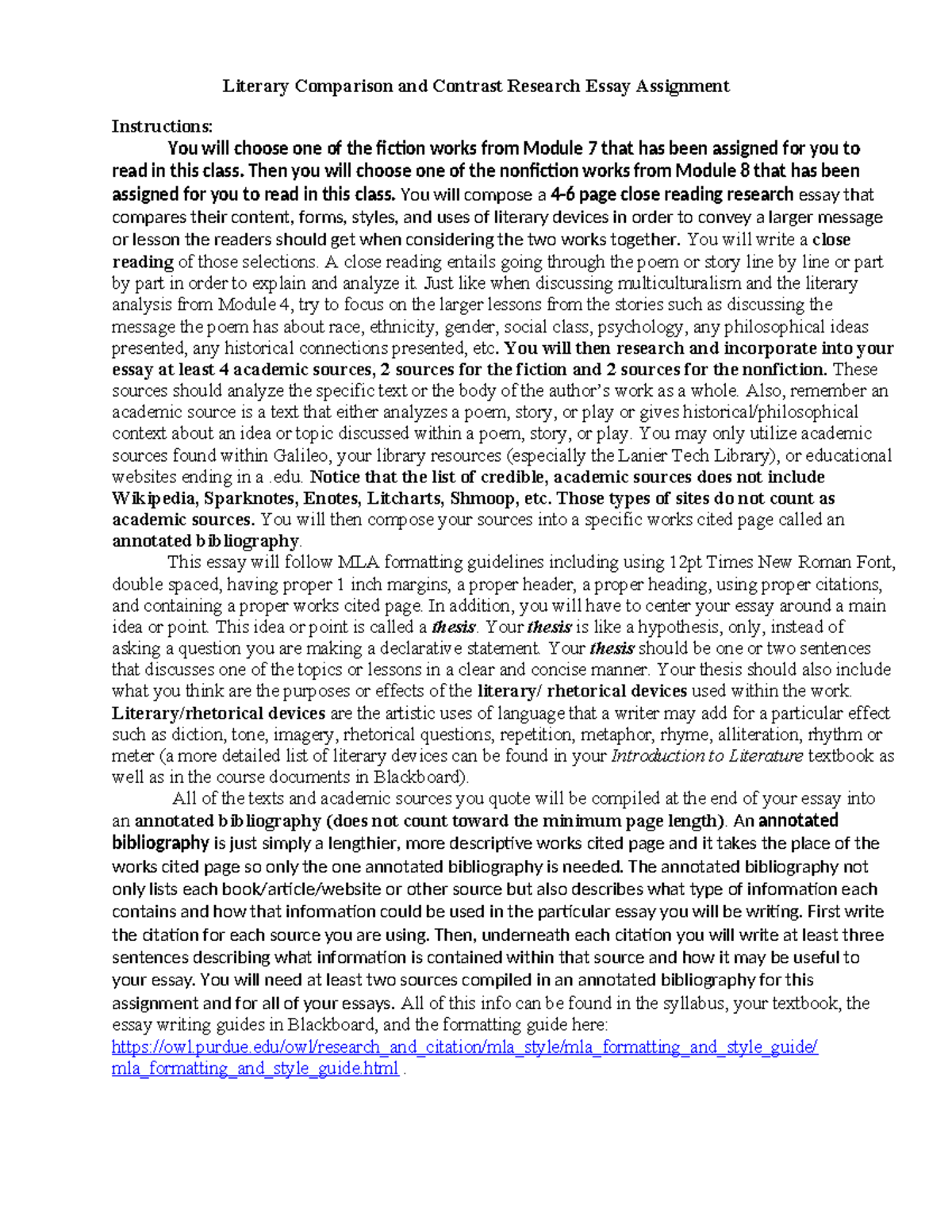 Lanier Tech 1102 Literary Comparison & Contrast Essay Guidelines - Studocu