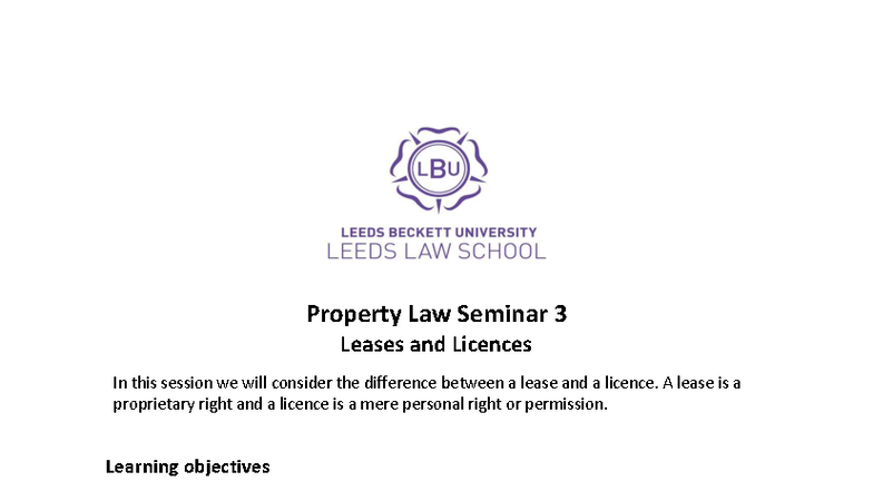 Property Law Seminar 3: Understanding Leases vs Licences - Studocu