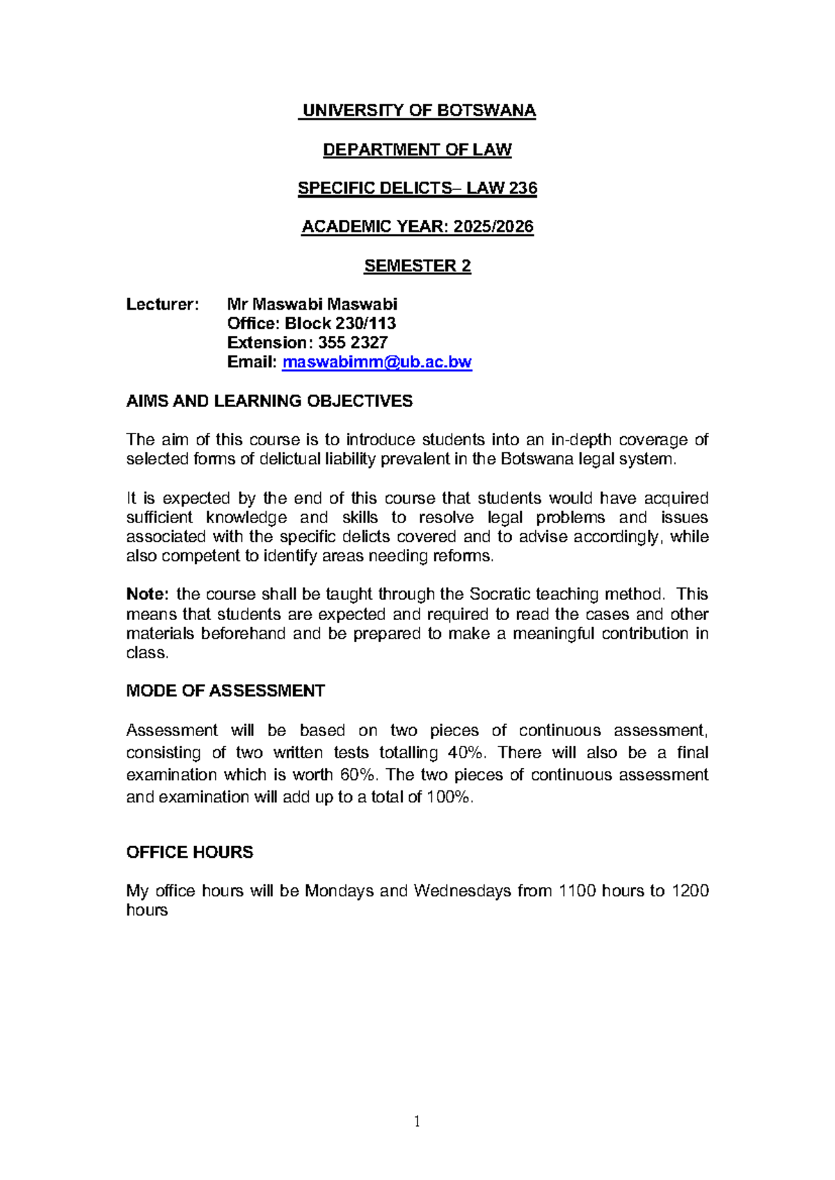 Law 236 Course Outline: Delictual Liability in Botswana (2026) - Studocu