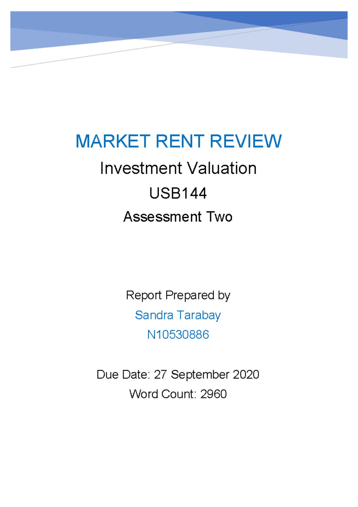 USB144 Assessment 2: Market Rent Review Report by Sandra Tarabay - Studocu