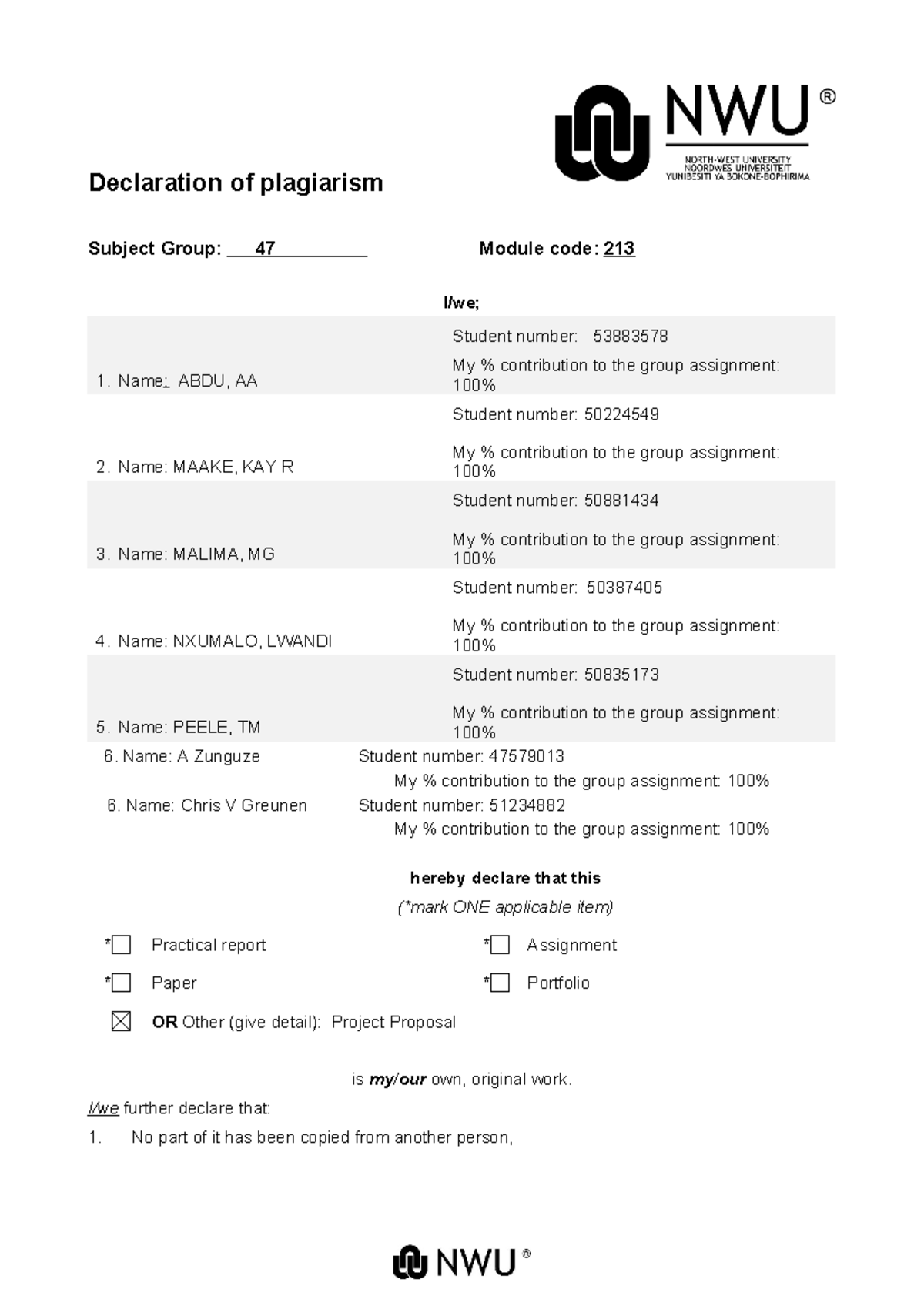 Plagiarism Declaration for Group Assignment - Module 213 - Studocu