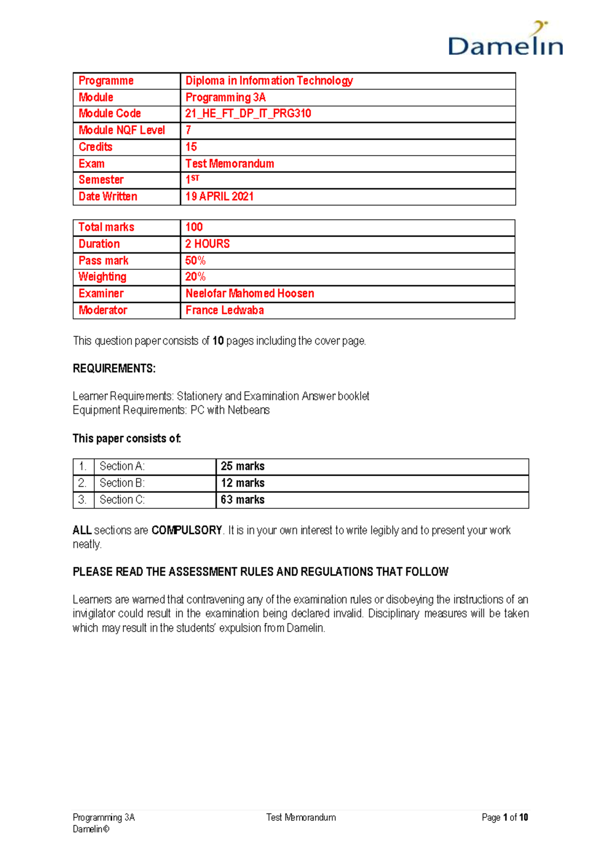 Programming 3A Test Memo: Key Insights and Guidelines - Studocu