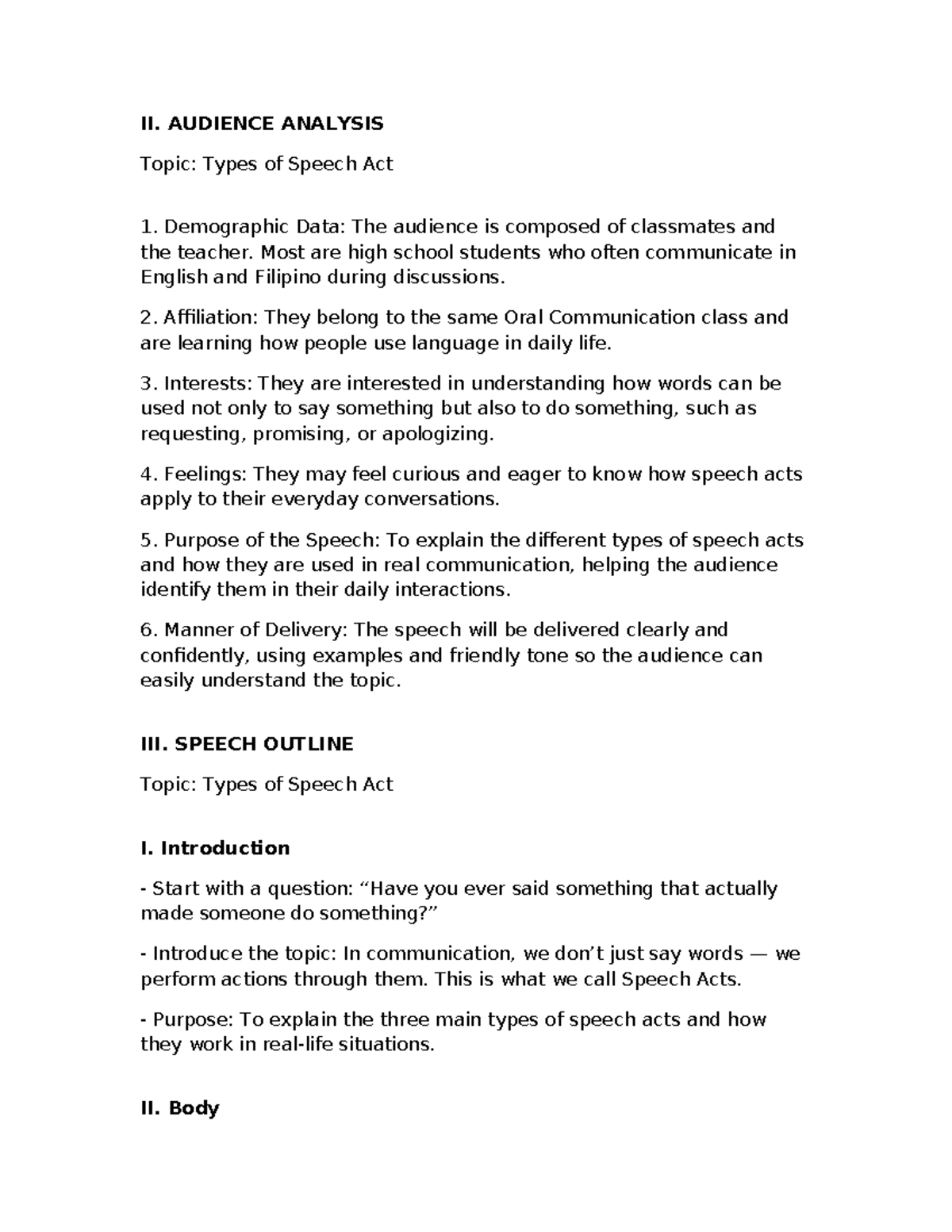 II. Oral Communication: Types of Speech Acts Analysis - Studocu