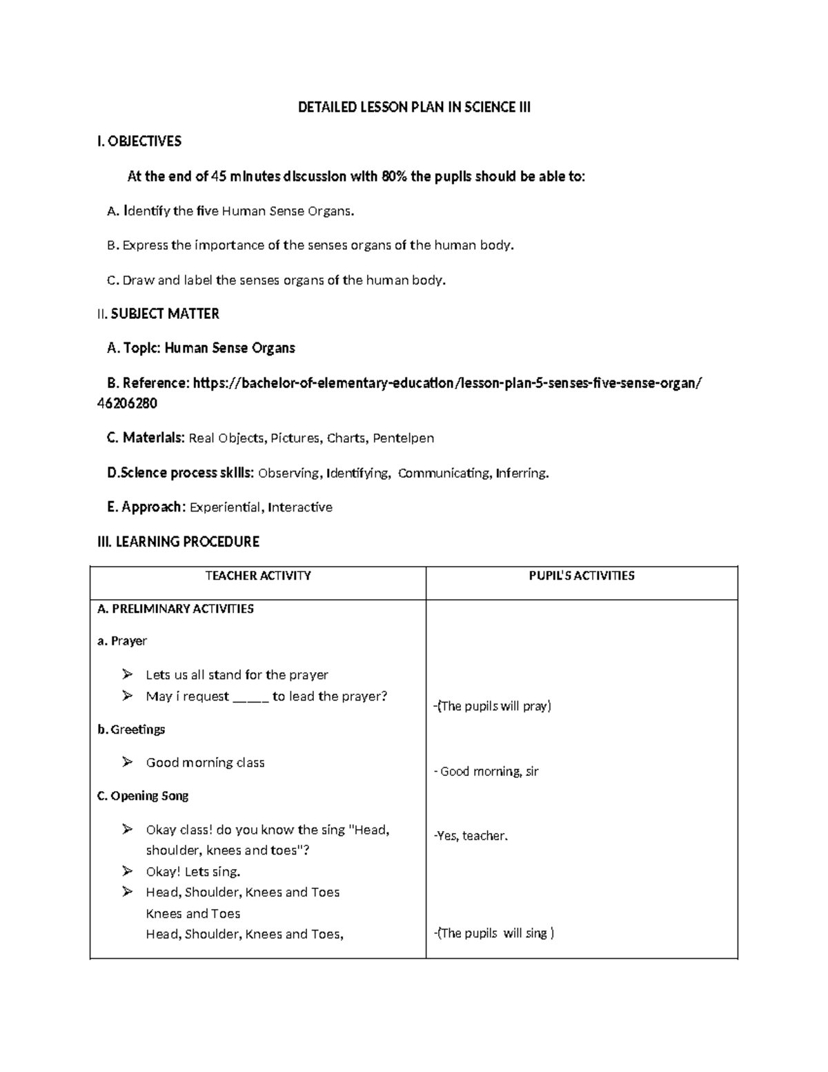 DETAILED LESSON PLAN: HUMAN SENSE ORGANS (Science) - Studocu