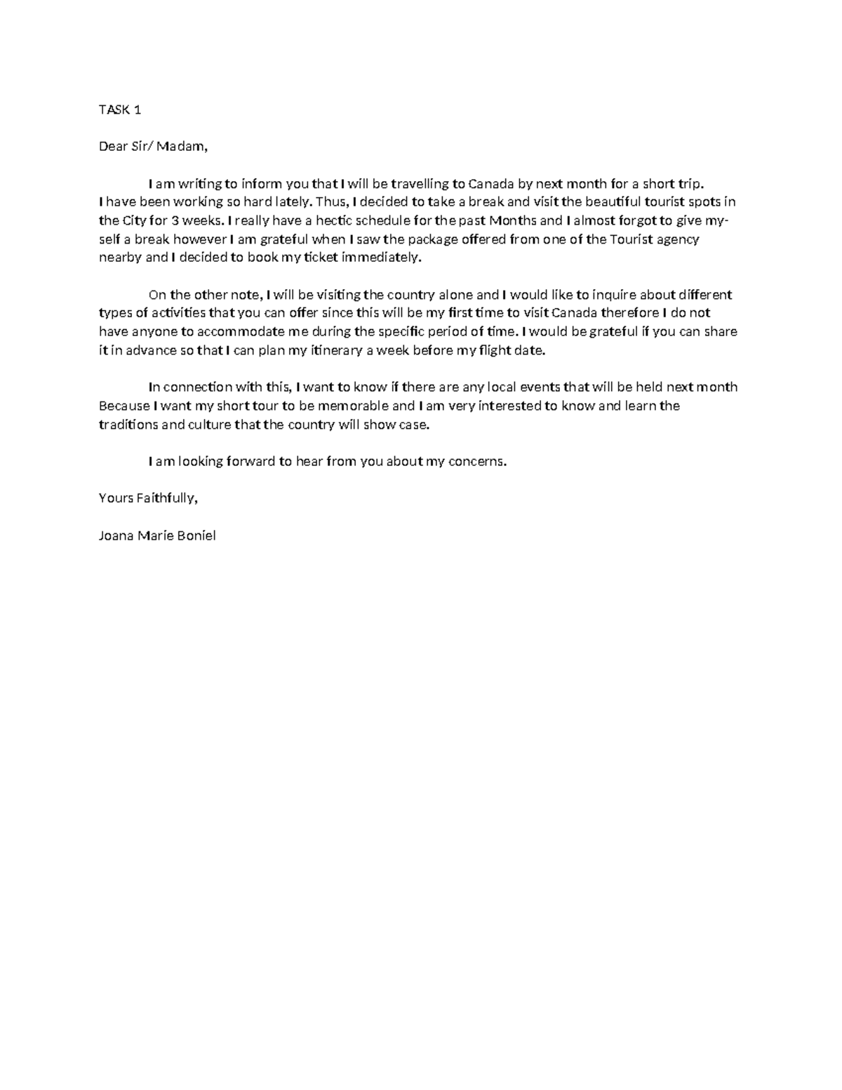 TASK 1: Travel Inquiry for Canada Trip - Essay Notes - Studocu