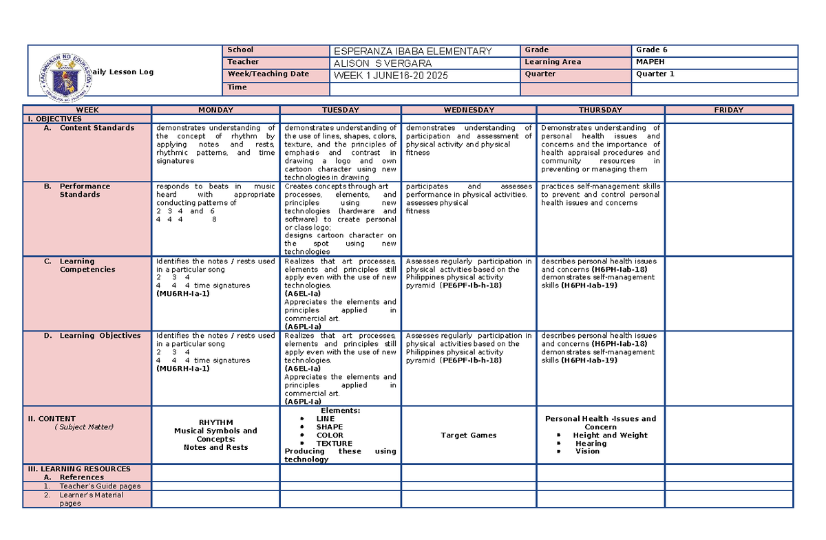 DLL MAPEH 6 Week 1 Quarter 1 - Lesson Plans and Activities - Studocu