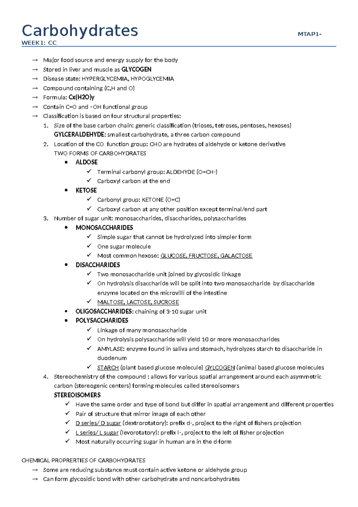 Carbohydrates MTAP1- Lecture Notes: Structure, Function, and Metabolism ...