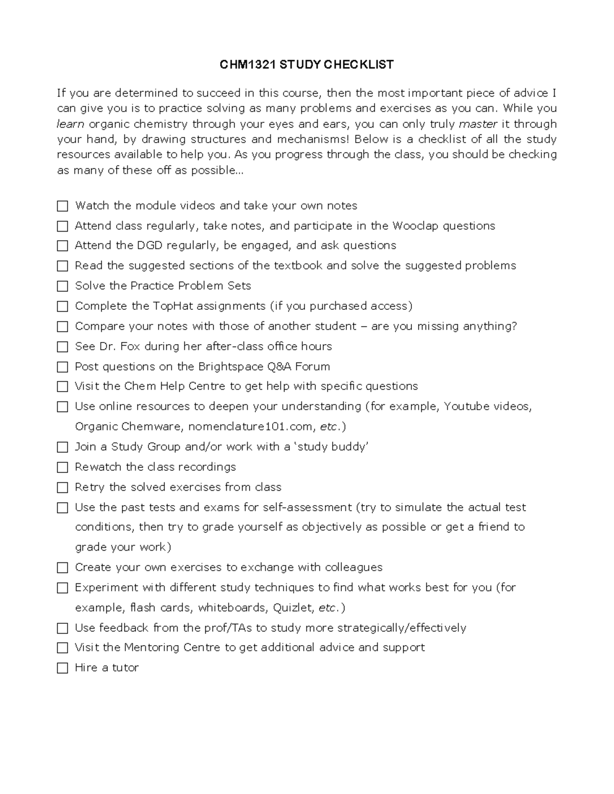 CHM1321 Essential Study Checklist for Success - Studocu