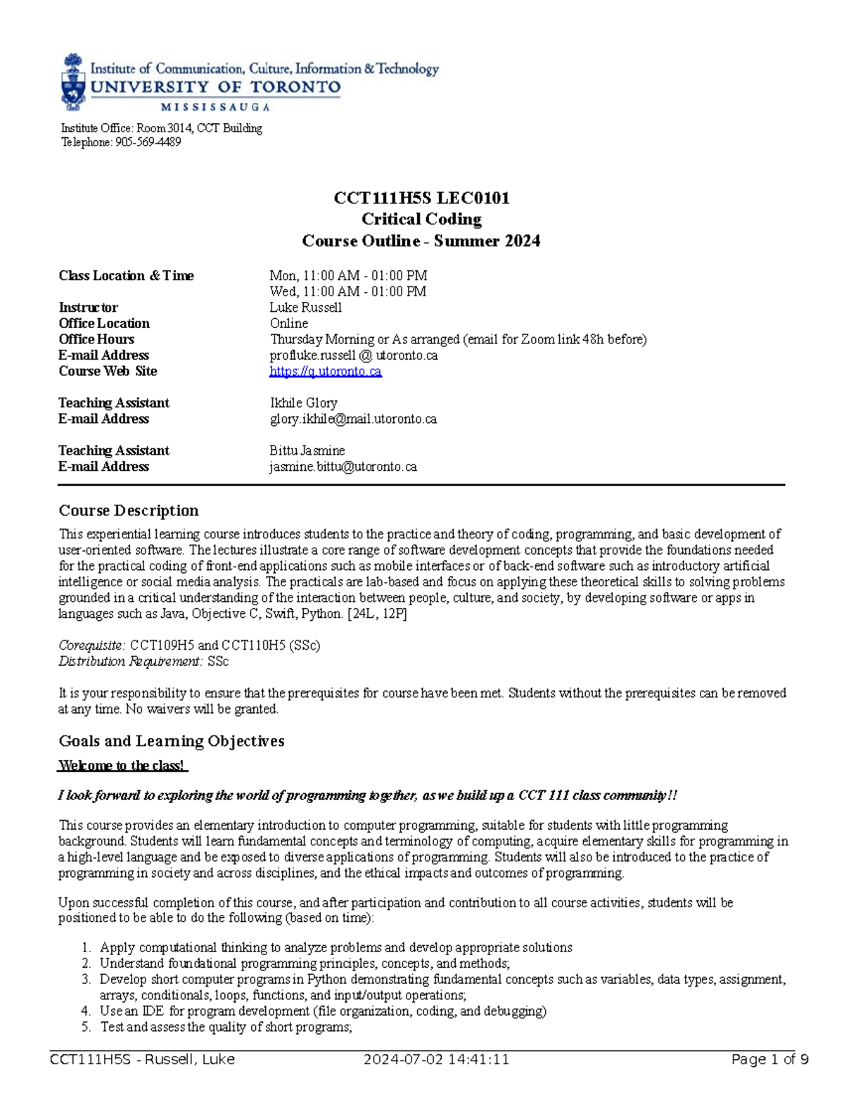 CCT111H5S LEC0101: Summer 2024 Coding Course Syllabus - Studocu