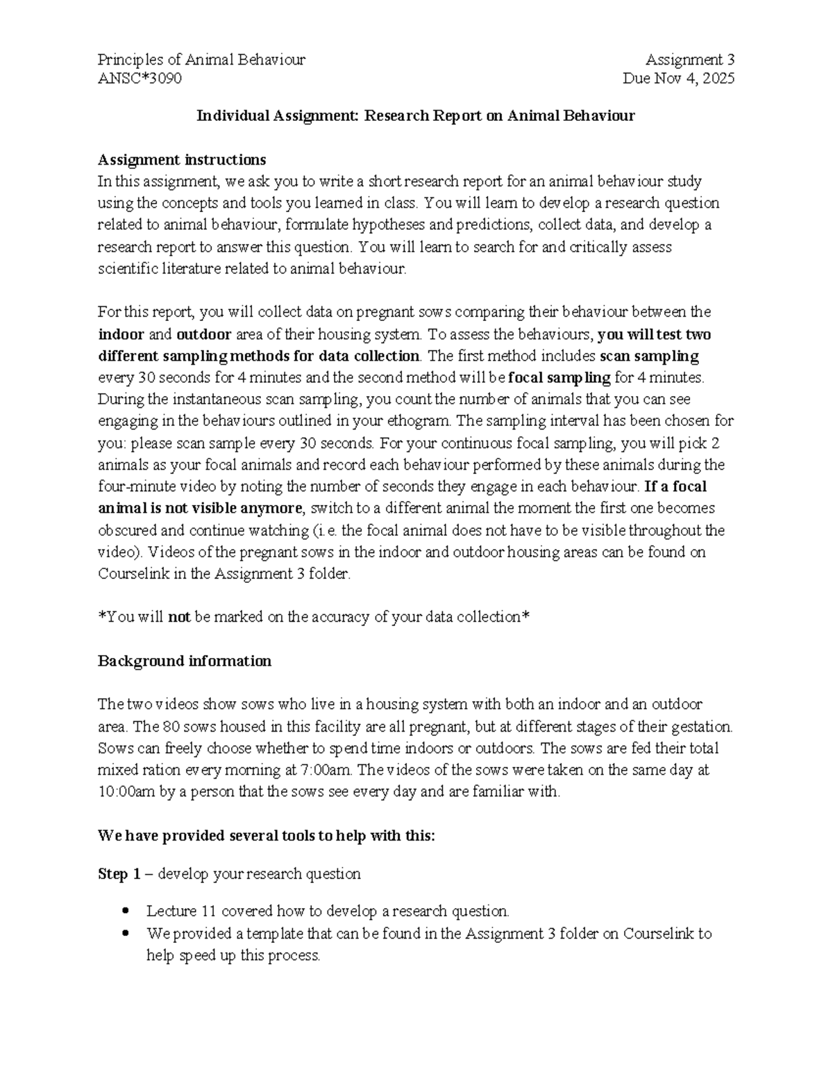 Principles of Animal Behaviour (ANBI 3000) Assignment 3 Research Report ...