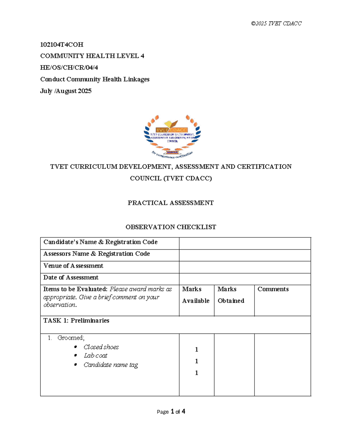 TVET CDACC 102104T4COH Community Health Level 4 Observation Checklist ...