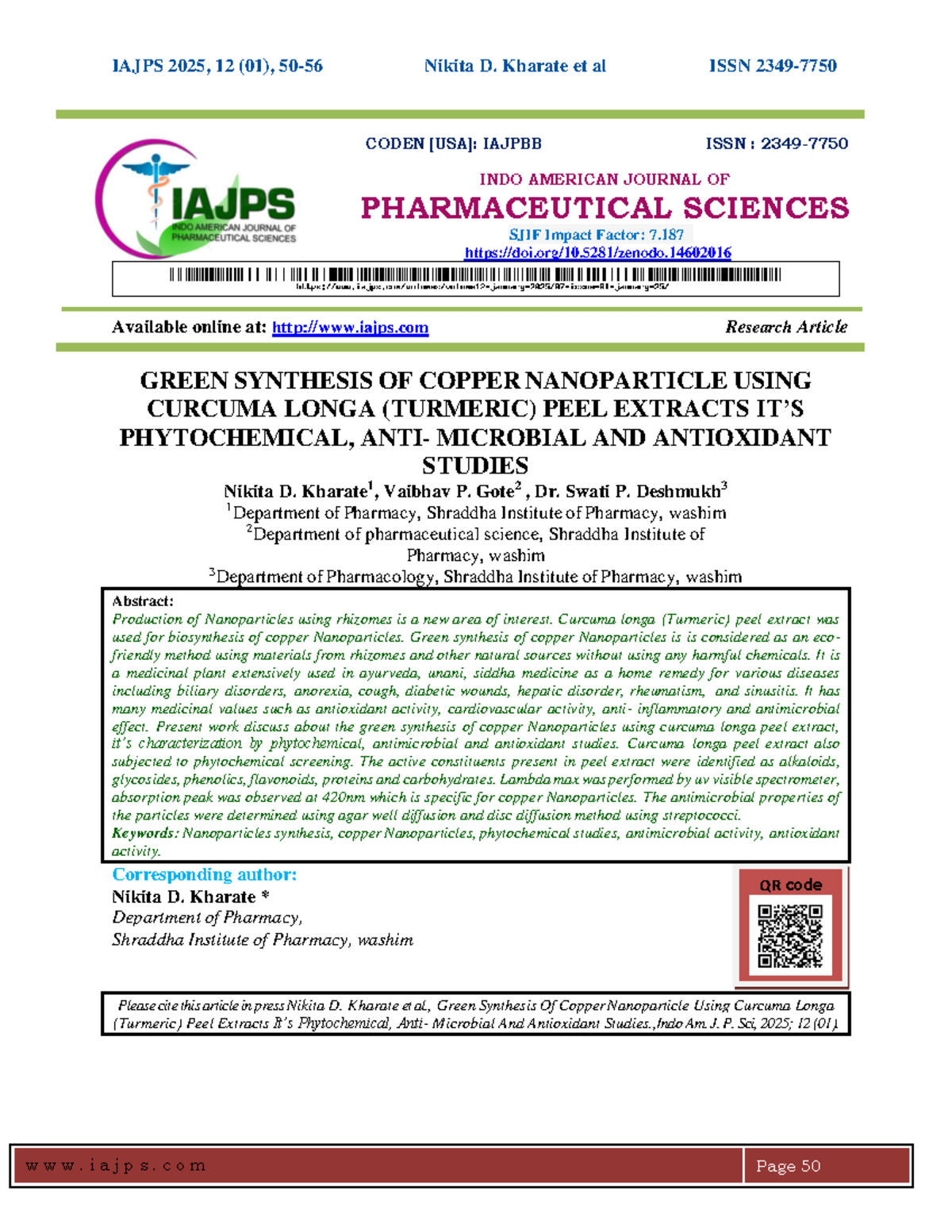 Green Synthesis of Copper Nanoparticles Using Curcuma Longa ...