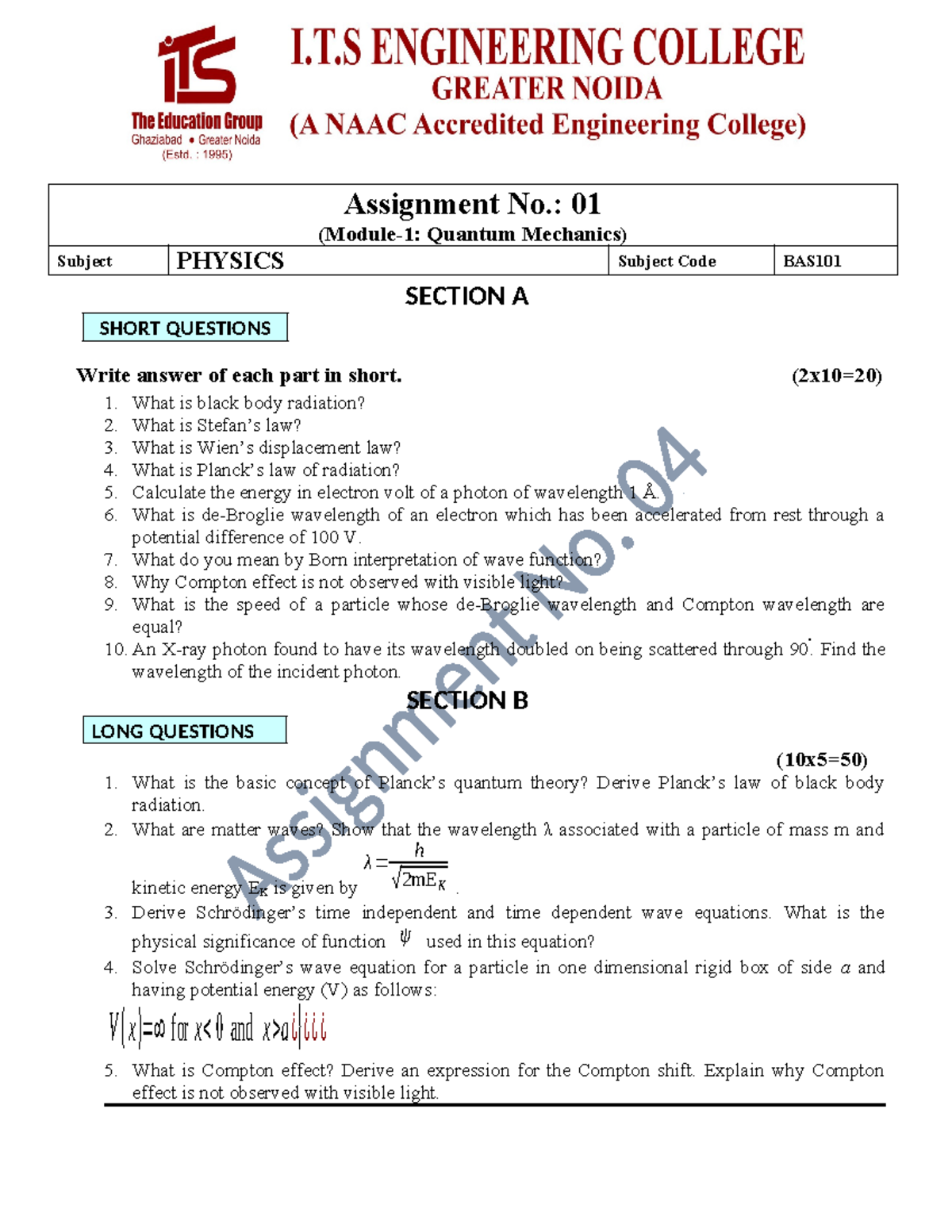 ASH 1ST SEM Physics 1 - Quantum Mechanics Assignment Notes - Studocu