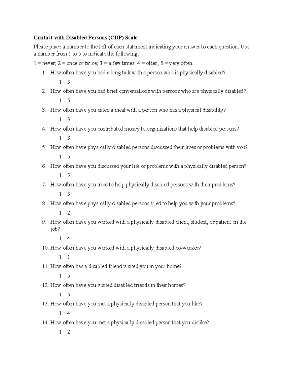 CDP Scale: Contact with Disabled Persons Evaluation Questions - Studocu