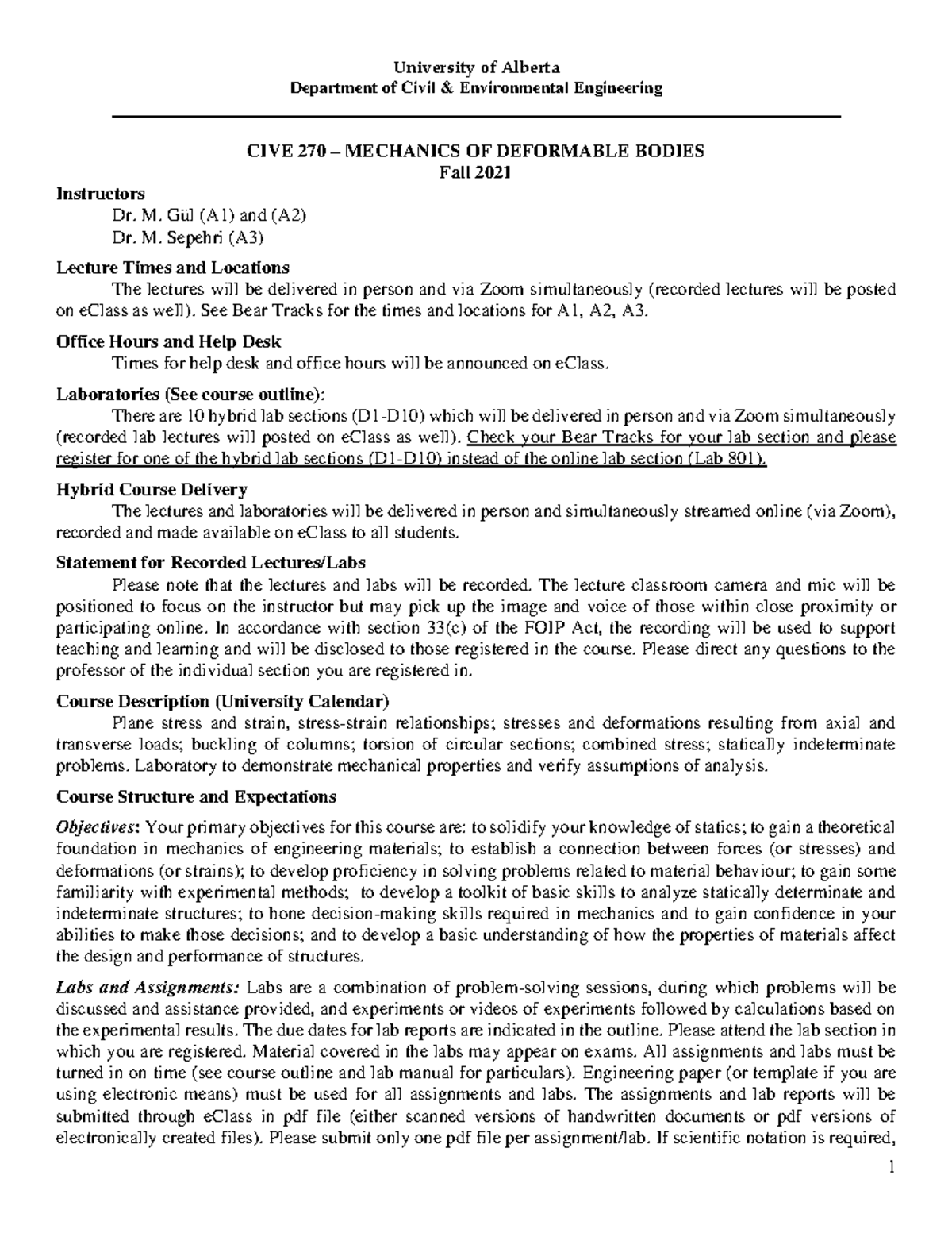 CIVE 270 Mechanics of Deformable Bodies Syllabus Fall 2021 Update - Studocu