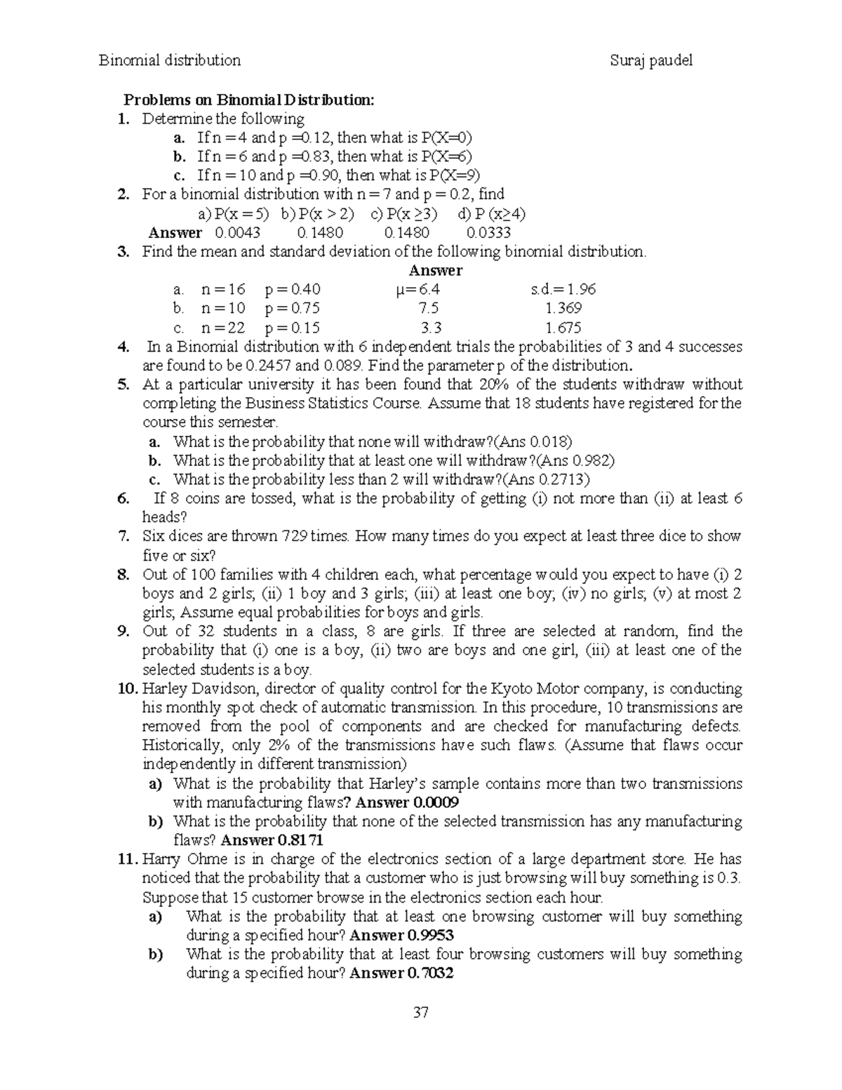 Binomial Distribution Problems and Solutions - NEC - Studocu