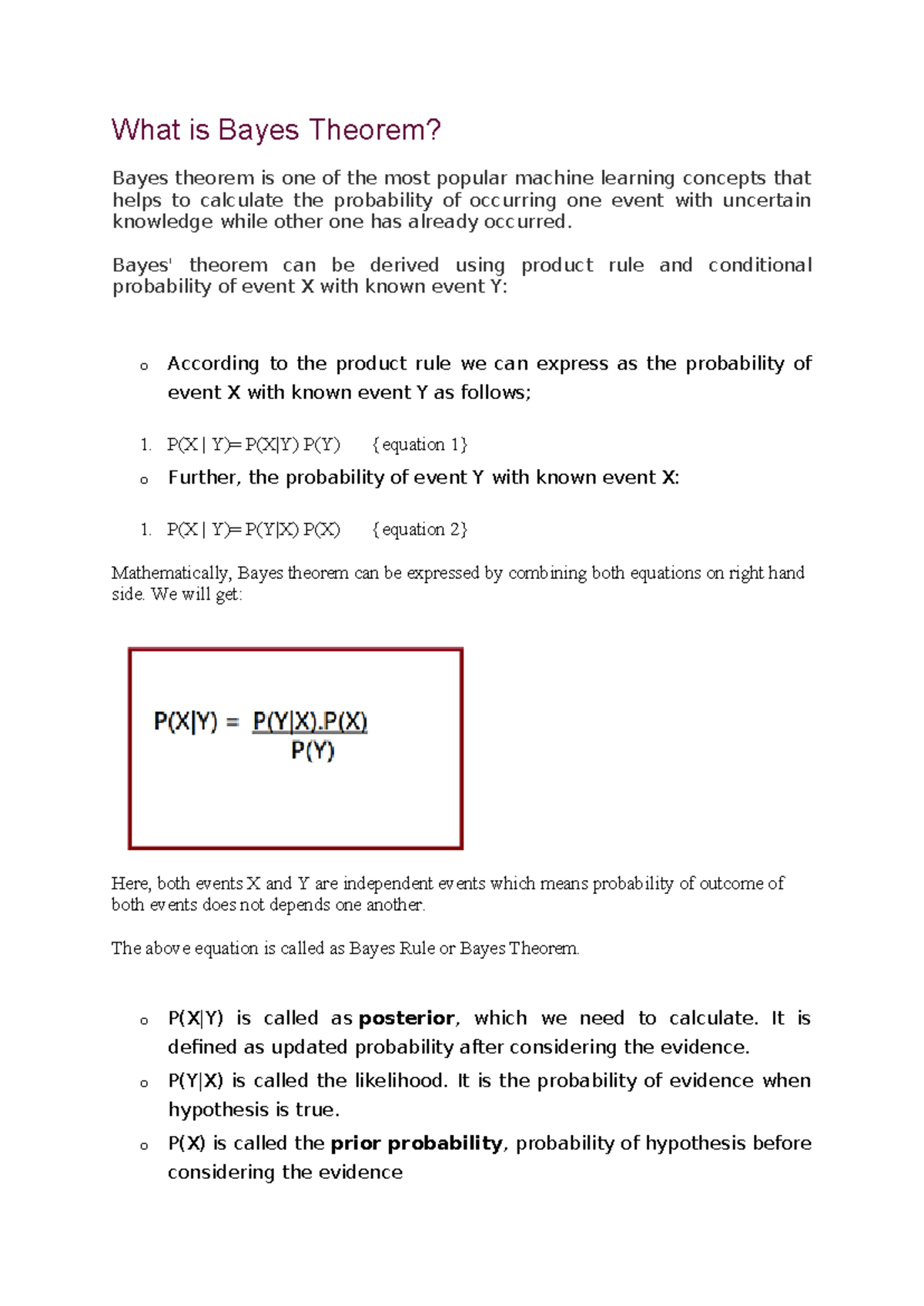 Unit 2 - Bayes Theorem - What is Bayes Theorem? Bayes theorem is one of ...