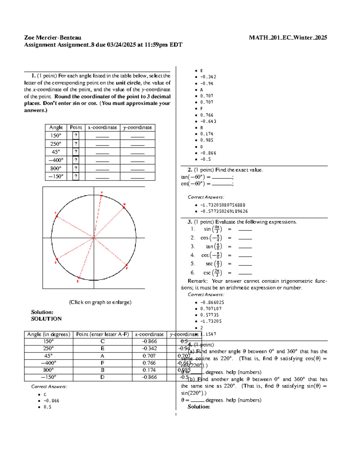 MATH 201 EC Winter 2025: Trigonometry Assignment 8 Solutions - Studocu